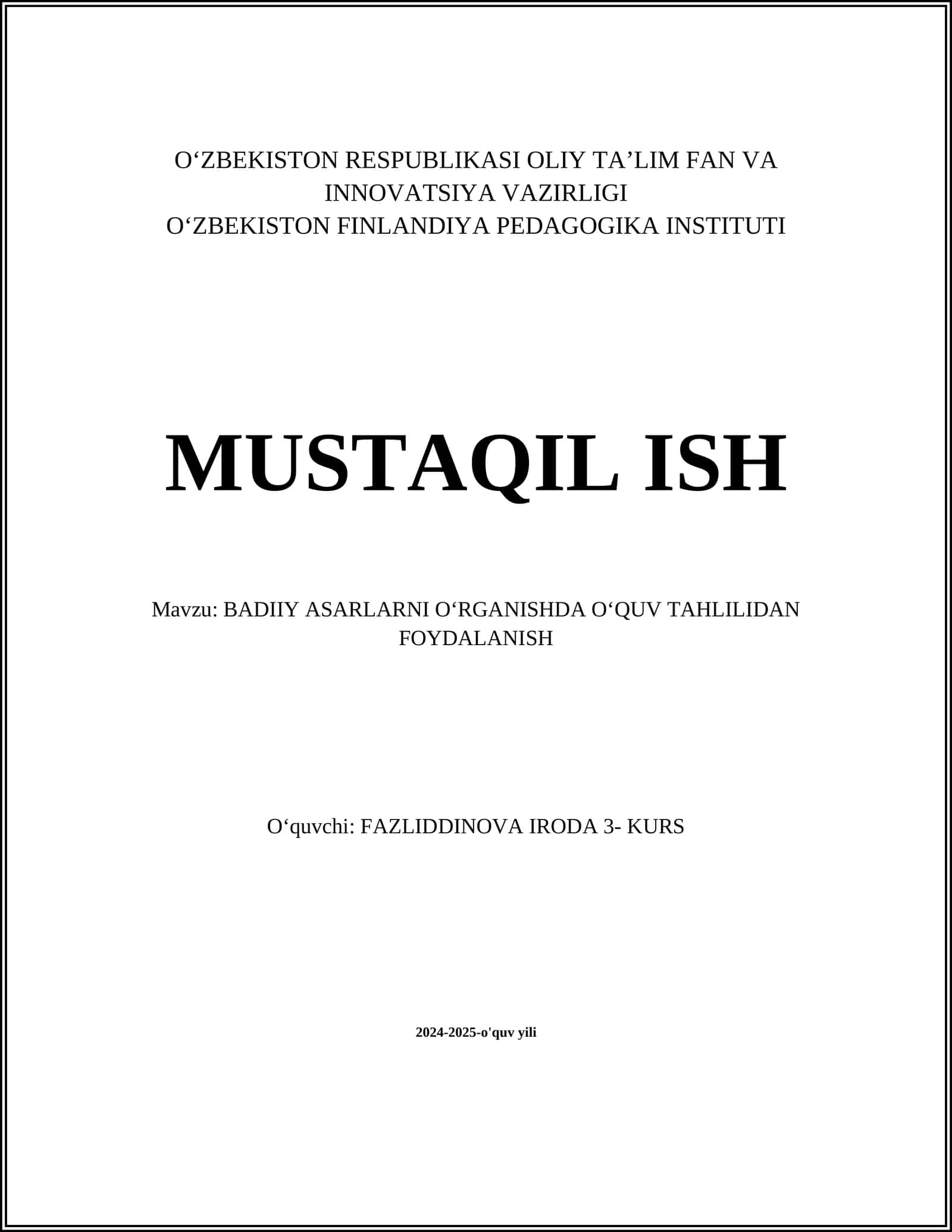 BADIIY ASARLARNI OʻRGANISHDA OʻQUV TAHLILIDAN FOYDALANISH
