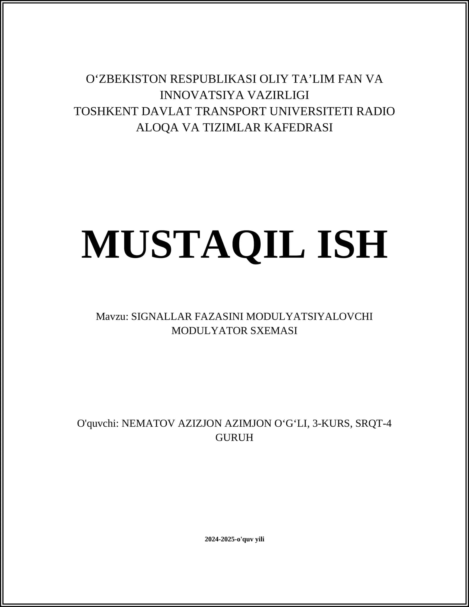 SIGNALLAR FAZASINI MODULYATSIYALOVCHI MODULYATOR SXEMASI