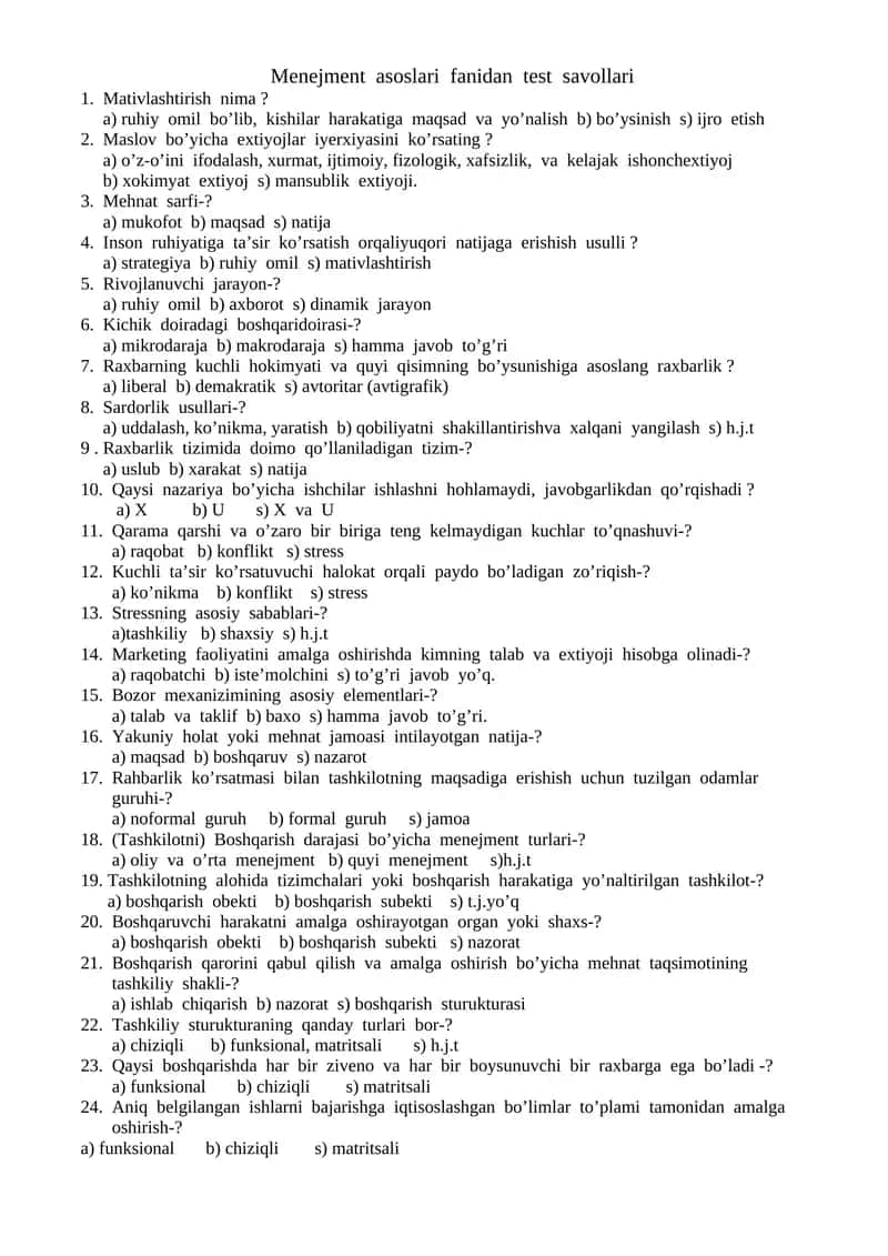 Menejment asoslari fanidan test savollari
