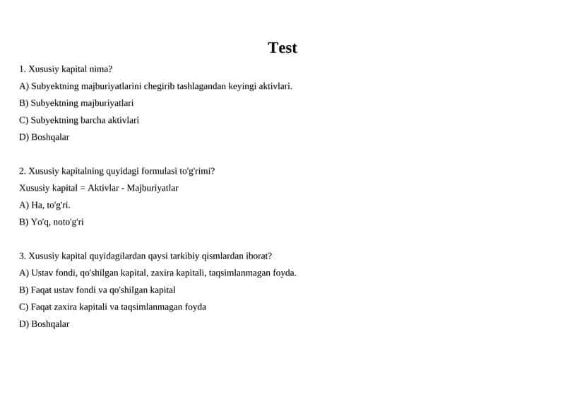 Moliyaviy tahlil. Test