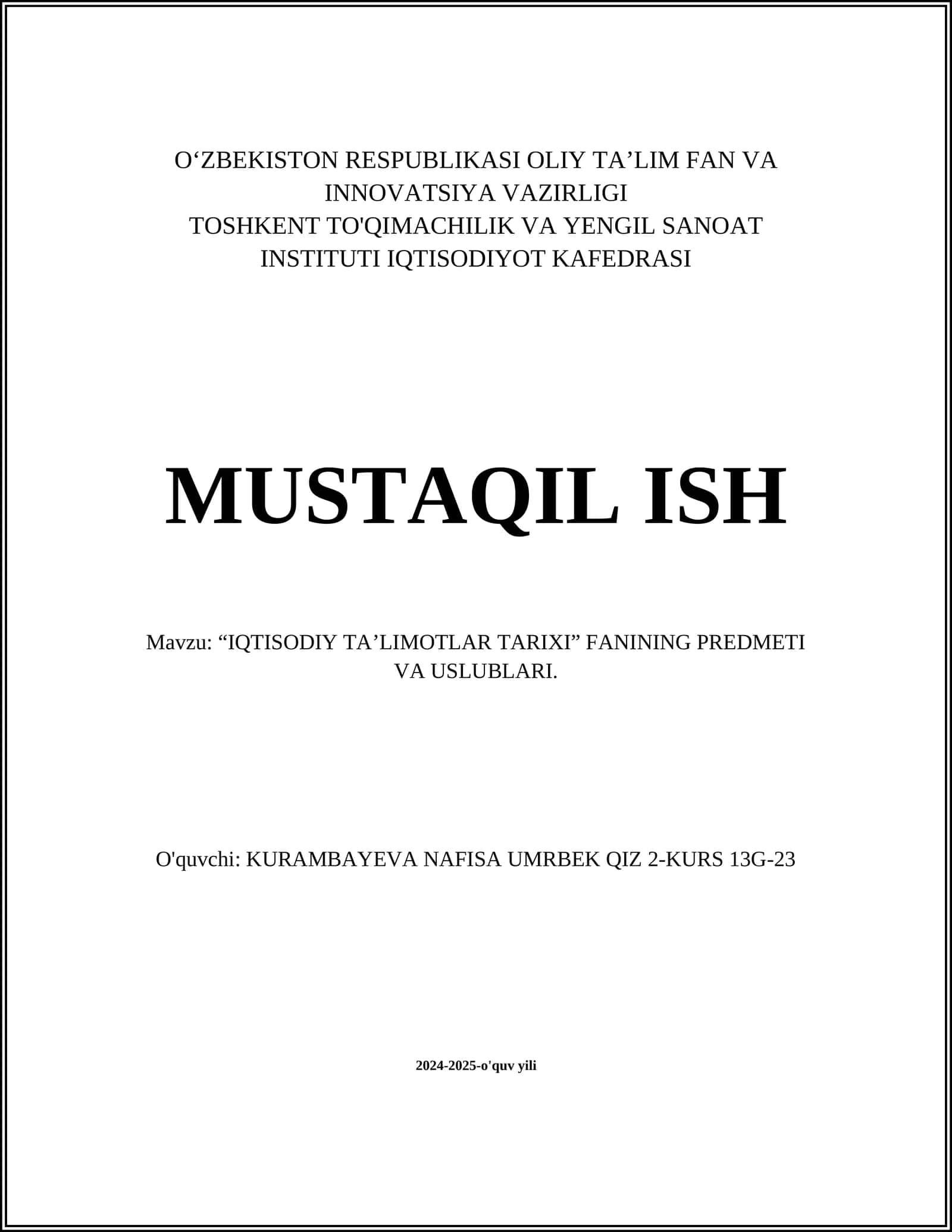 IQTISODIY TA’LIMOTLAR TARIXI