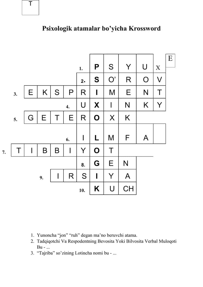 Psixologik atamalar bo’yicha Krossword