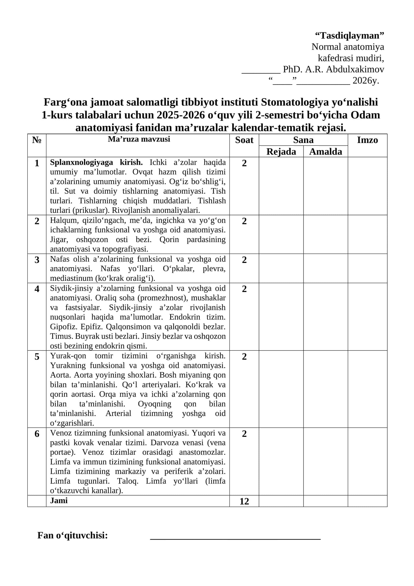 Odam anatomiyasi fanidan ma’ruzalar kalendar-tematik rejasi