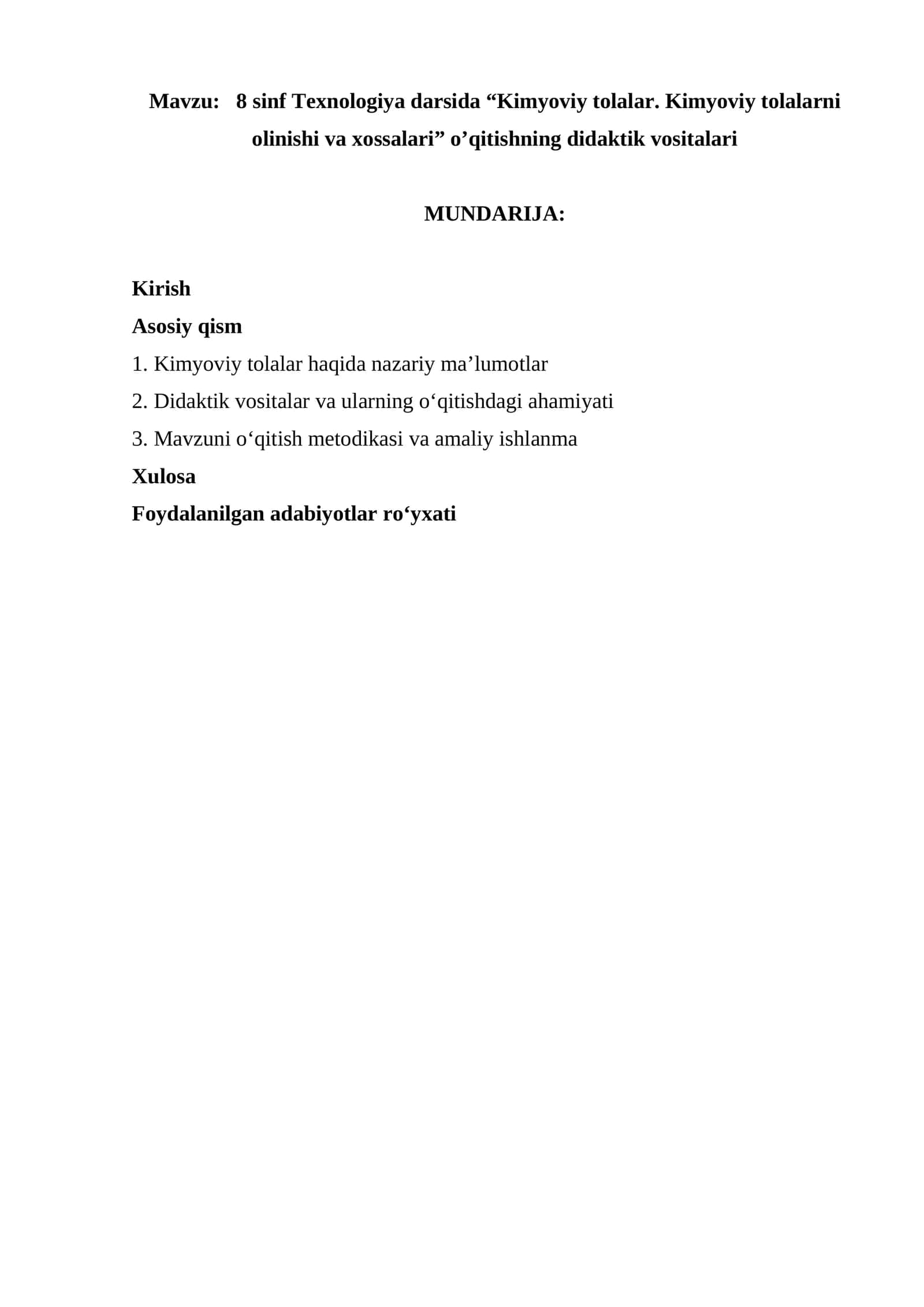 8 sinf Texnologiya darsida “Kimyoviy tolalar. Kimyoviy tolalarni olinishi va xossalari” o’qitishning didaktik vositalari