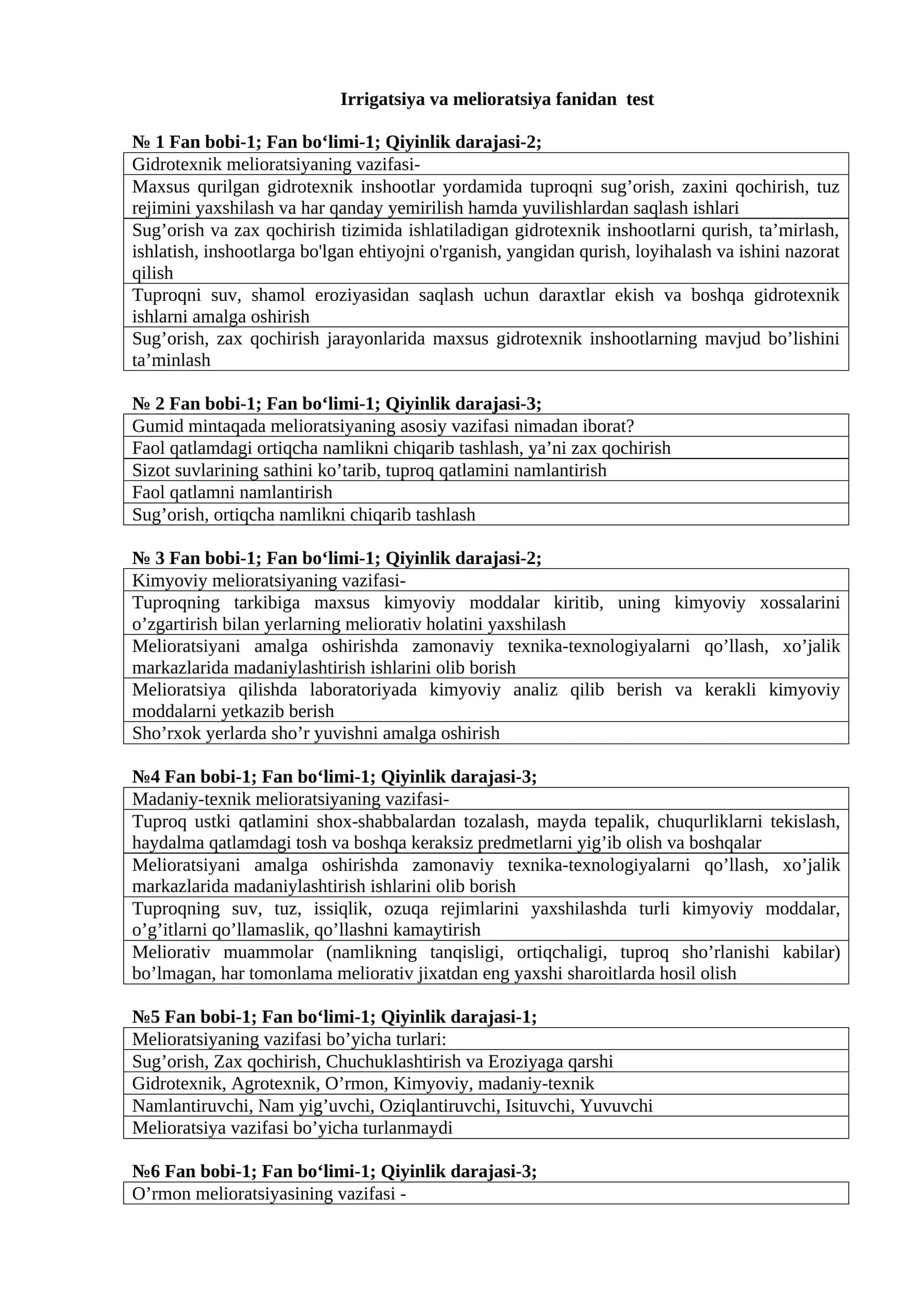 Irrigatsiya va melioratsiya fanidan test