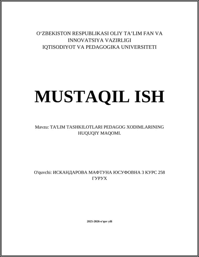 Ta'lim Tashkilotlari Pedagog Xodimlarining Huquqiy Maqomi