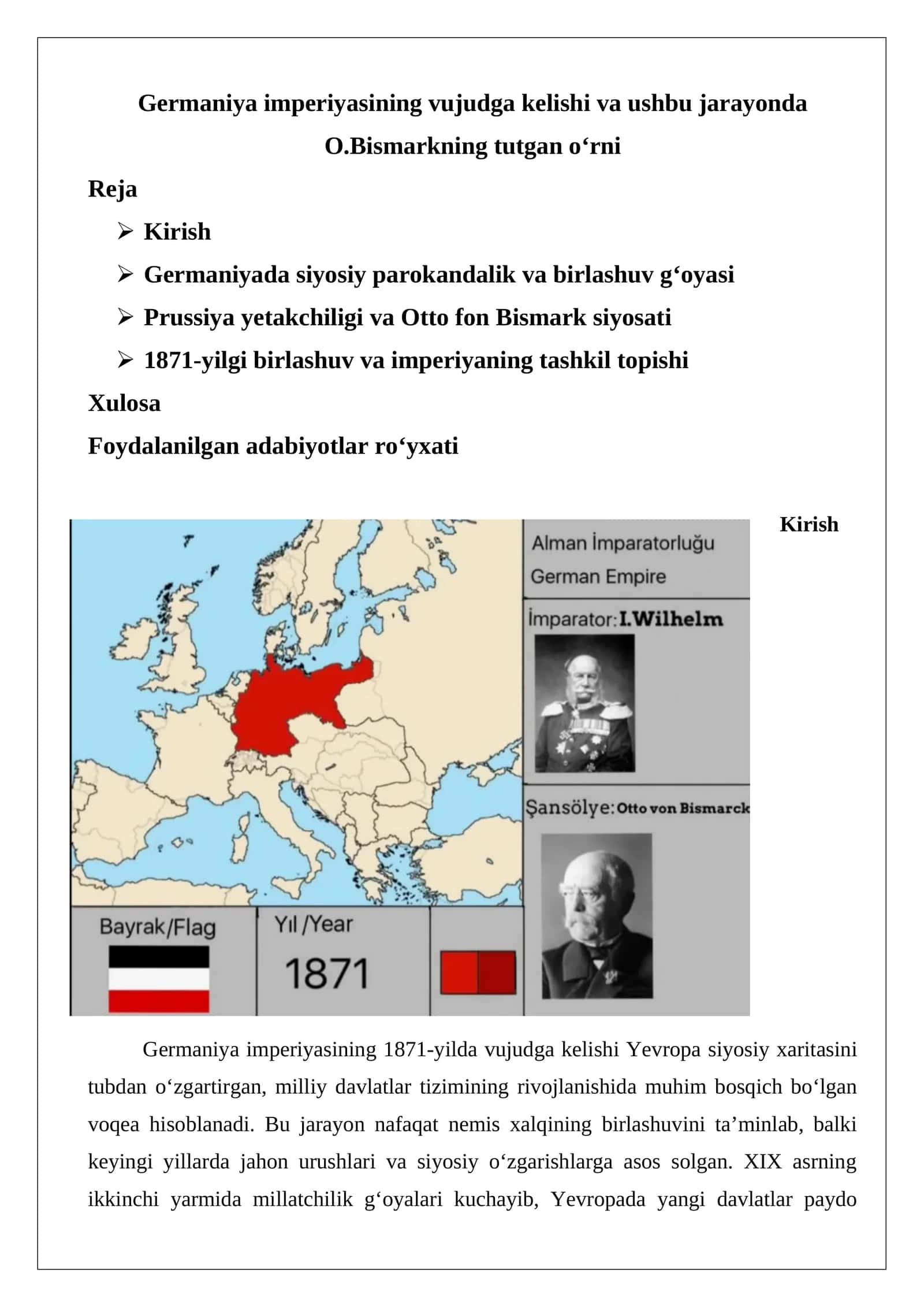 Germaniya imperiyasining vujudga kelishi va ushbu jarayonda O.Bismarkning tutgan o‘rni