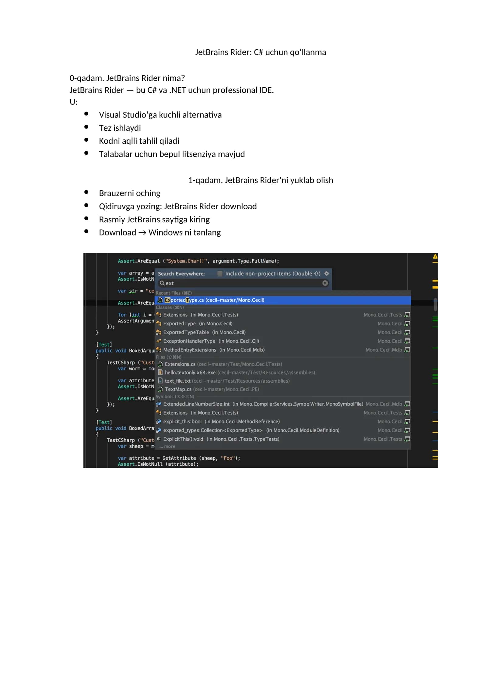 JetBrains Rider: C# uchun qo‘llanma
