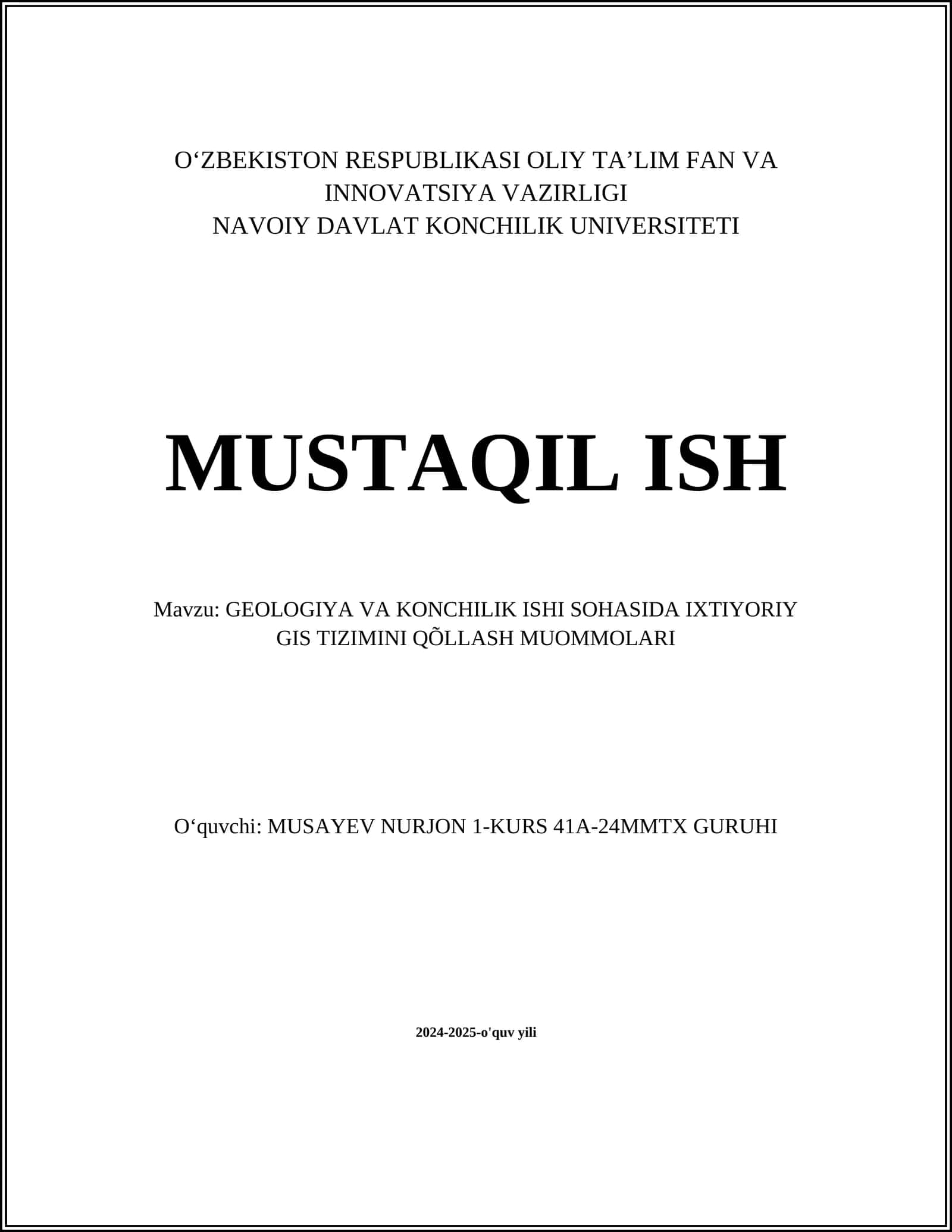 GEOLOGIYA VA KONCHILIK ISHI SOHASIDA IXTIYORIY GIS TIZIMINI QÕLLASH MUOMMOLARI