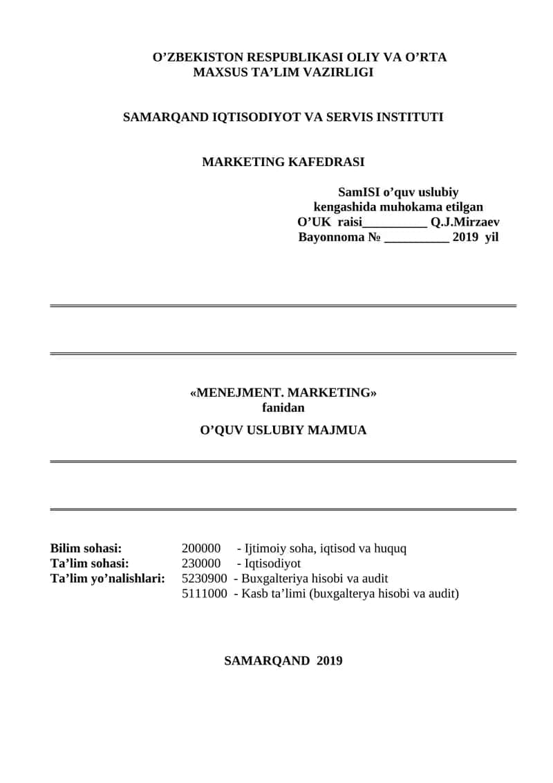 Menejment.Marketing fanidan O'quv Uslubiy Majmua