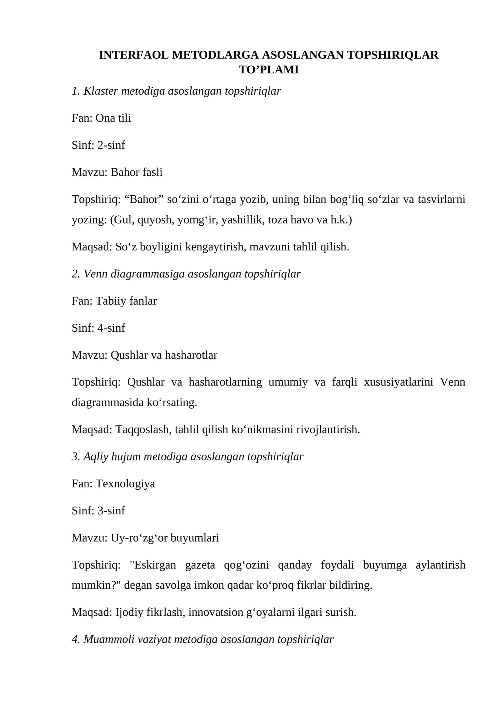 INTERFAOL METODLARGA ASOSLANGAN TOPSHIRIQLAR TO’PLAMI