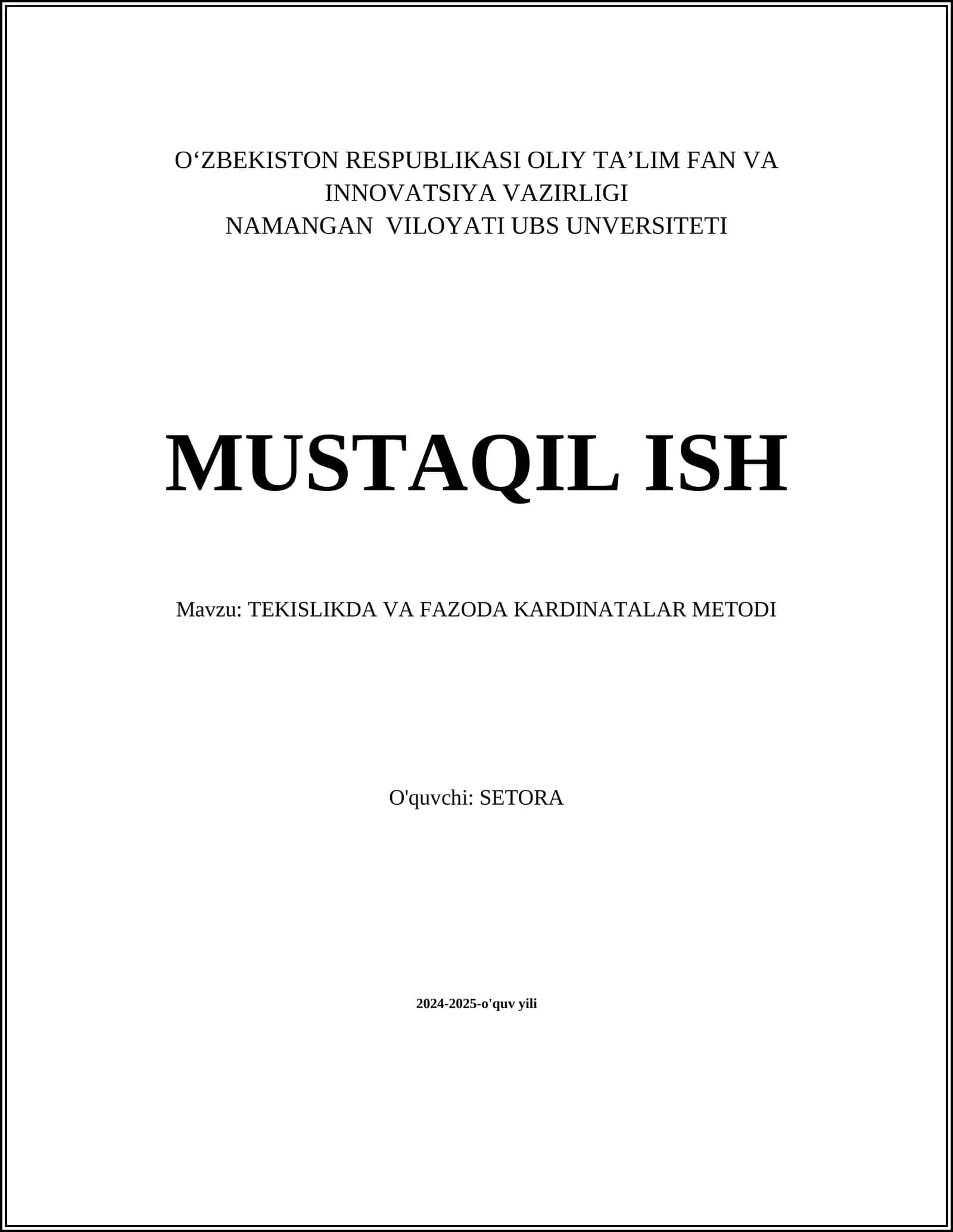 TEKISLIKDA VA FAZODA KARDINATALAR METODI