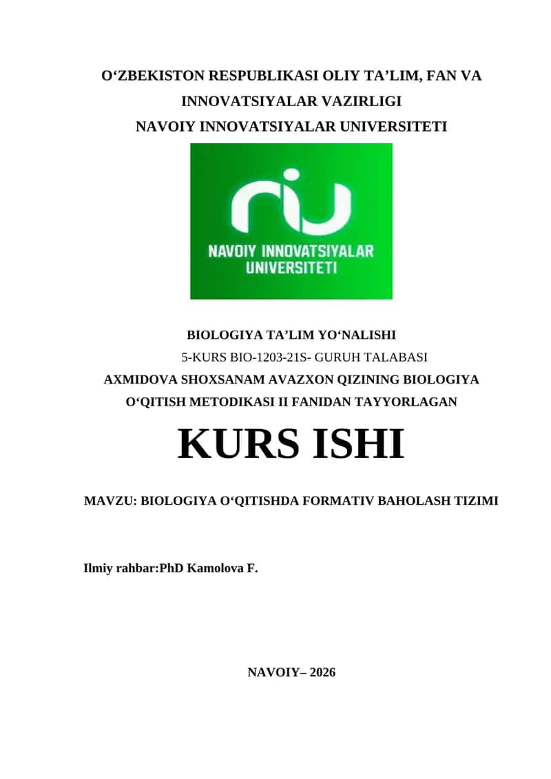 Biologiya o‘qitishda formativ baholash tizimi kurs ishi