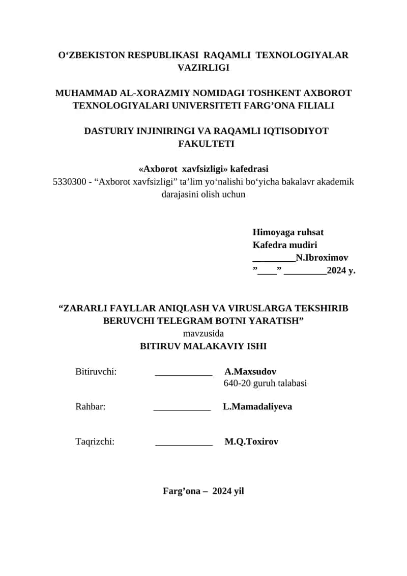 Zararli Fayllar Aniqlash Va Viruslargа Tekshirib Beruvchi Telegram Botni Yaratish
