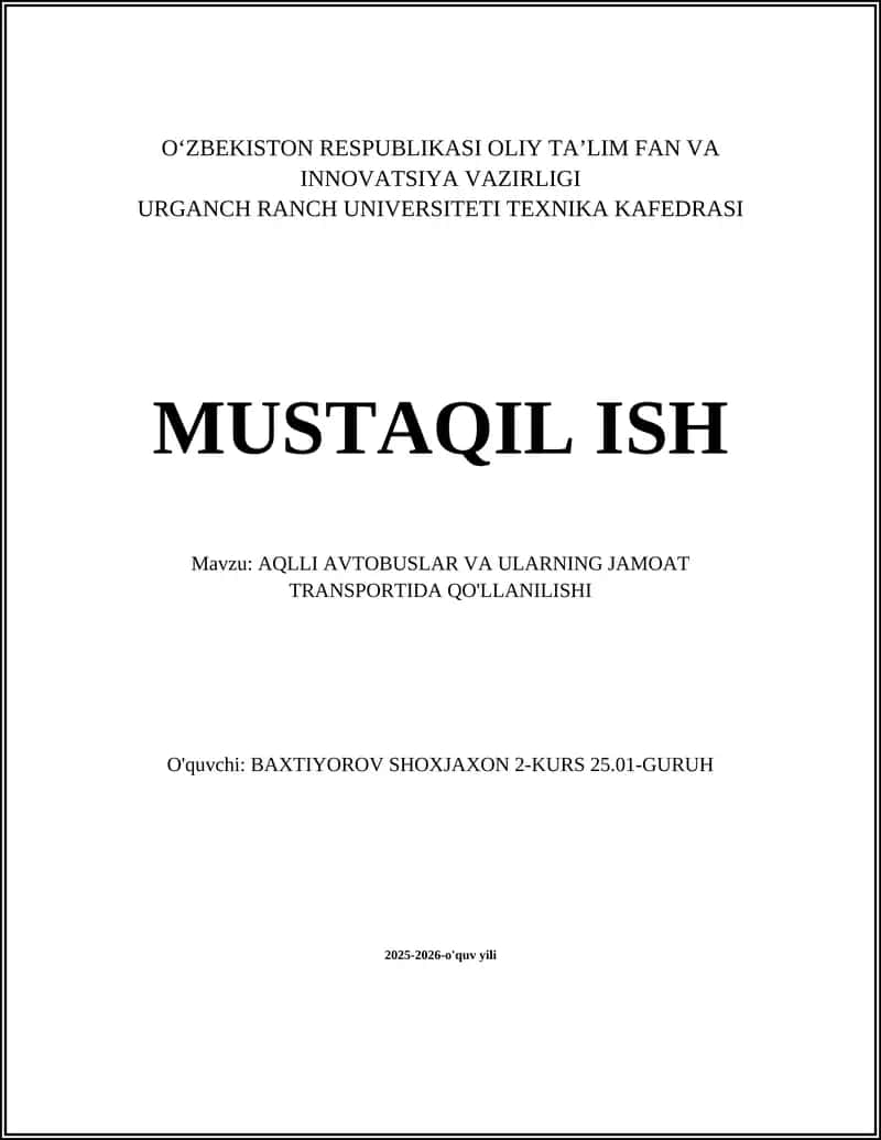 AQLLI AVTOBUSLAR VA ULARNING JAMOAT TRANSPORTIDA QO'LLANILISHI