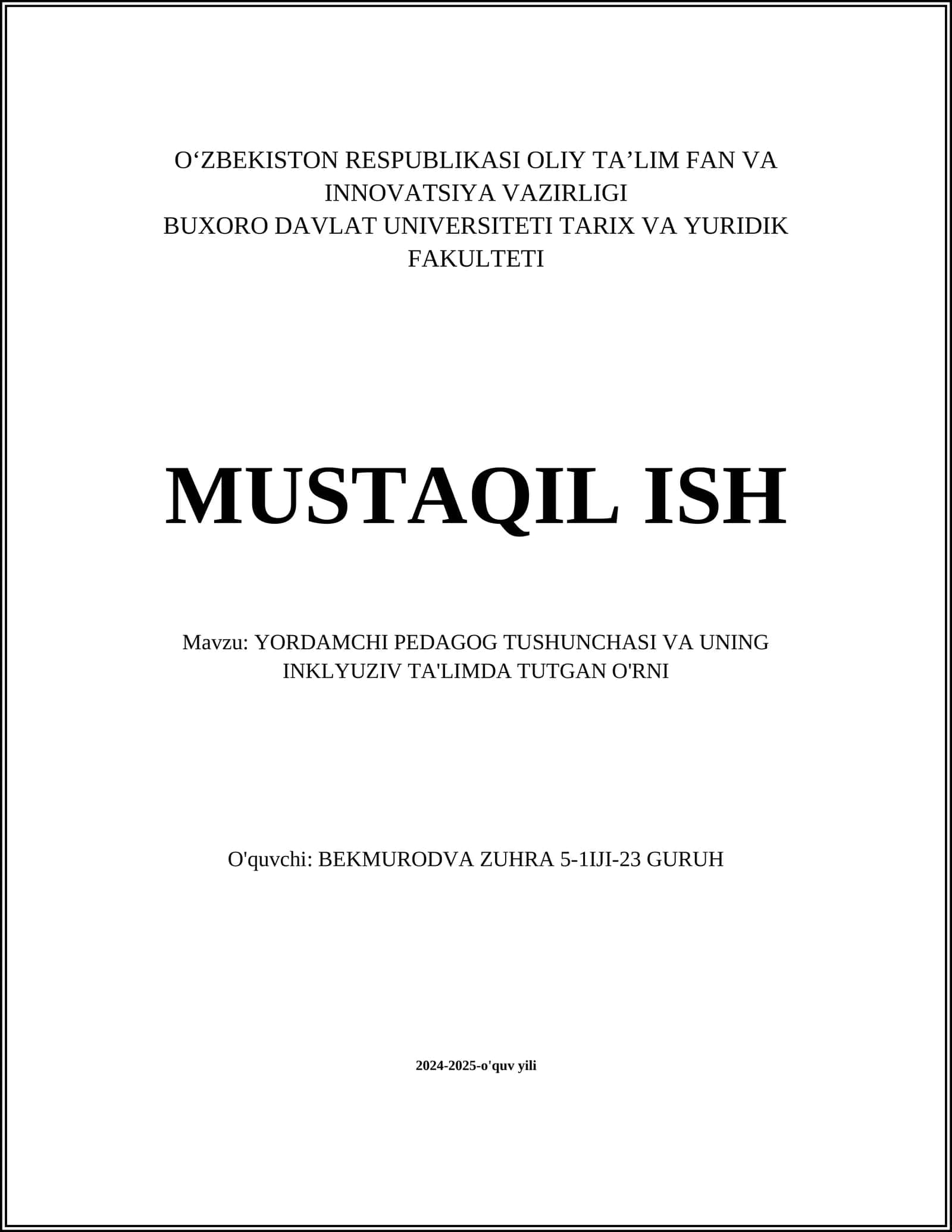Yordamchi Pedagog Tushunchasi va uning inklyuziv ta'limda tutgan o'rni