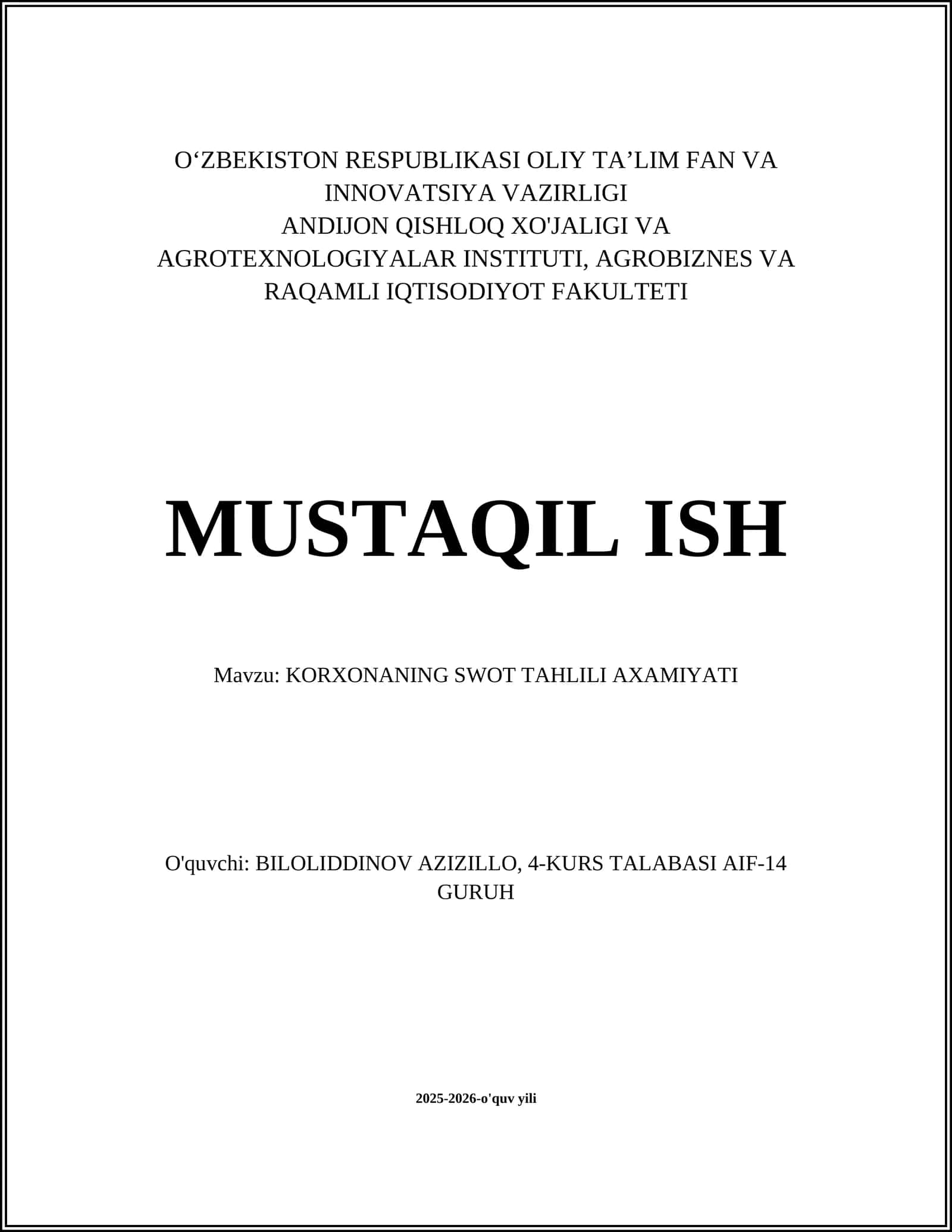 KORXONANING SWOT TAHLILI AXAMIYATI