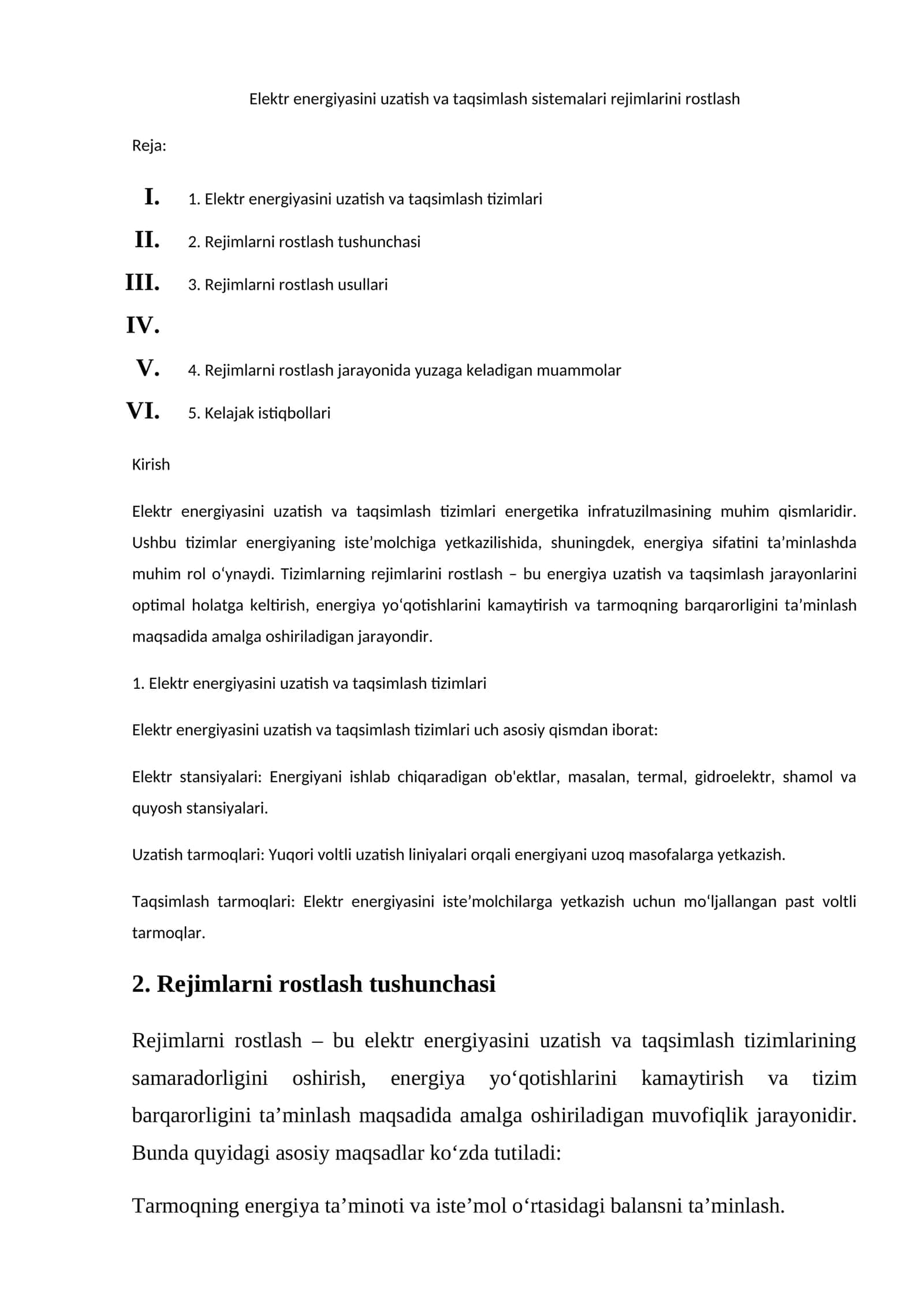 Elektr energiyasini uzatish va taqsimlash sistemalari rejimlarini rostlash