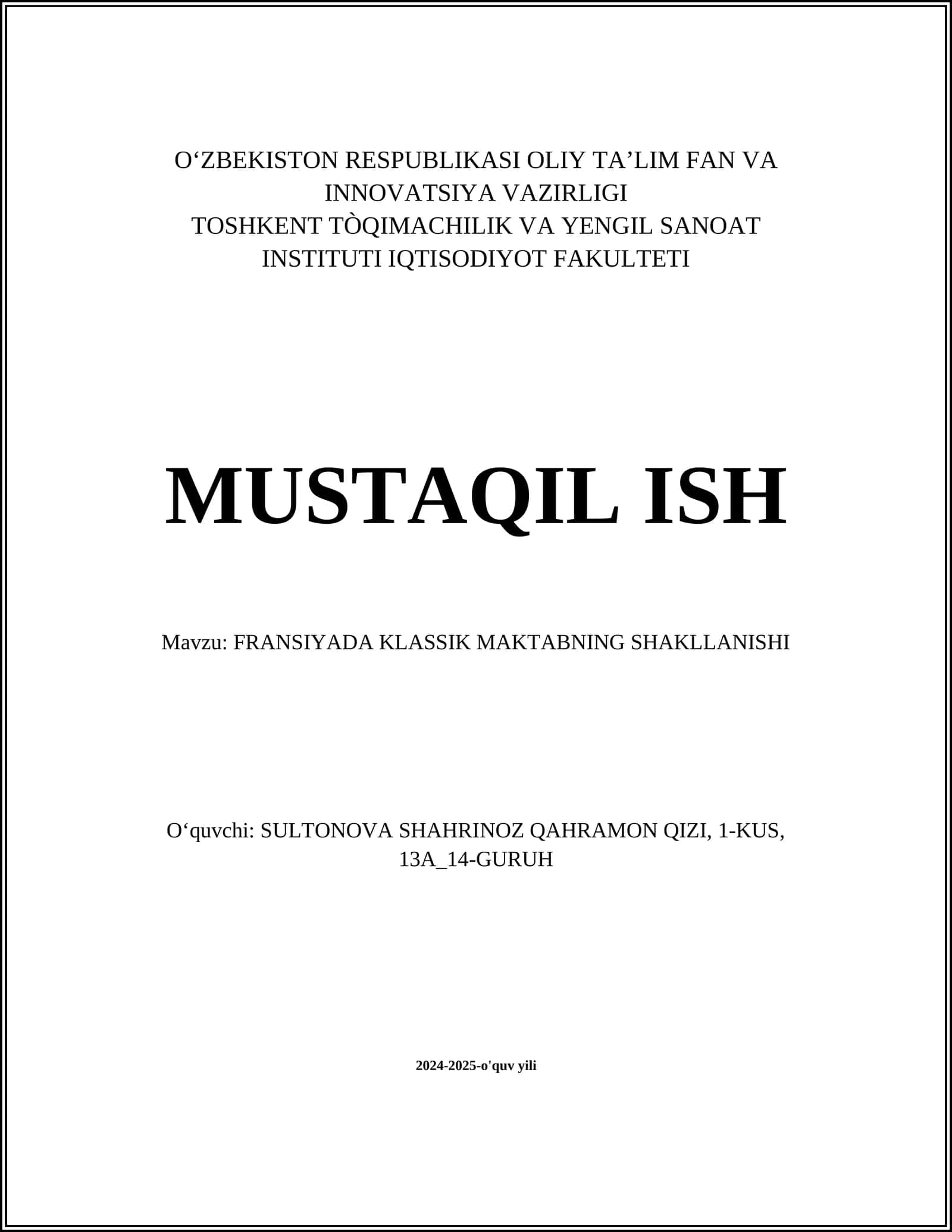 FRANSIYADA KLASSIK MAKTABNING SHAKLLANISHI