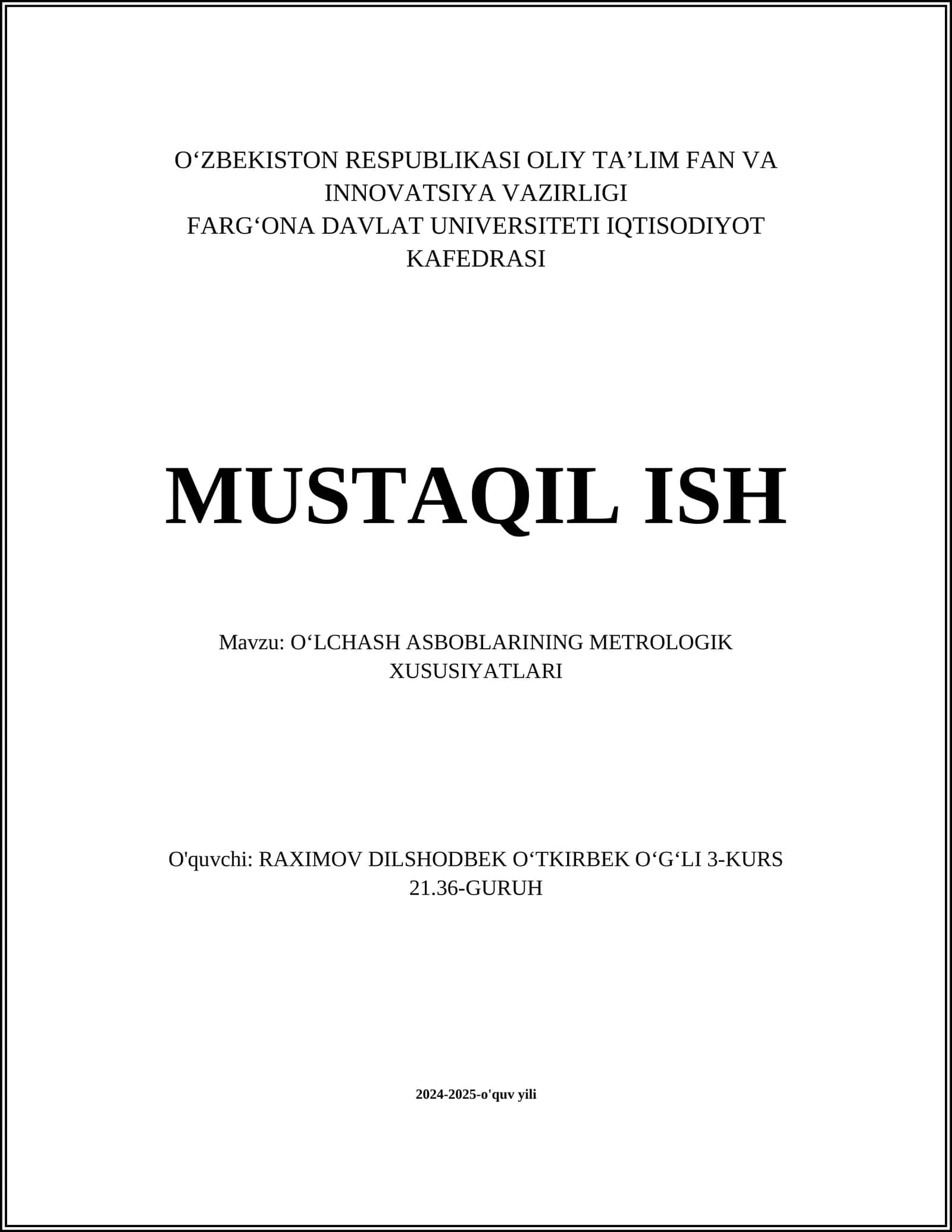 OʻLCHASH ASBOBLARINING METROLOGIK XUSUSIYATLARI