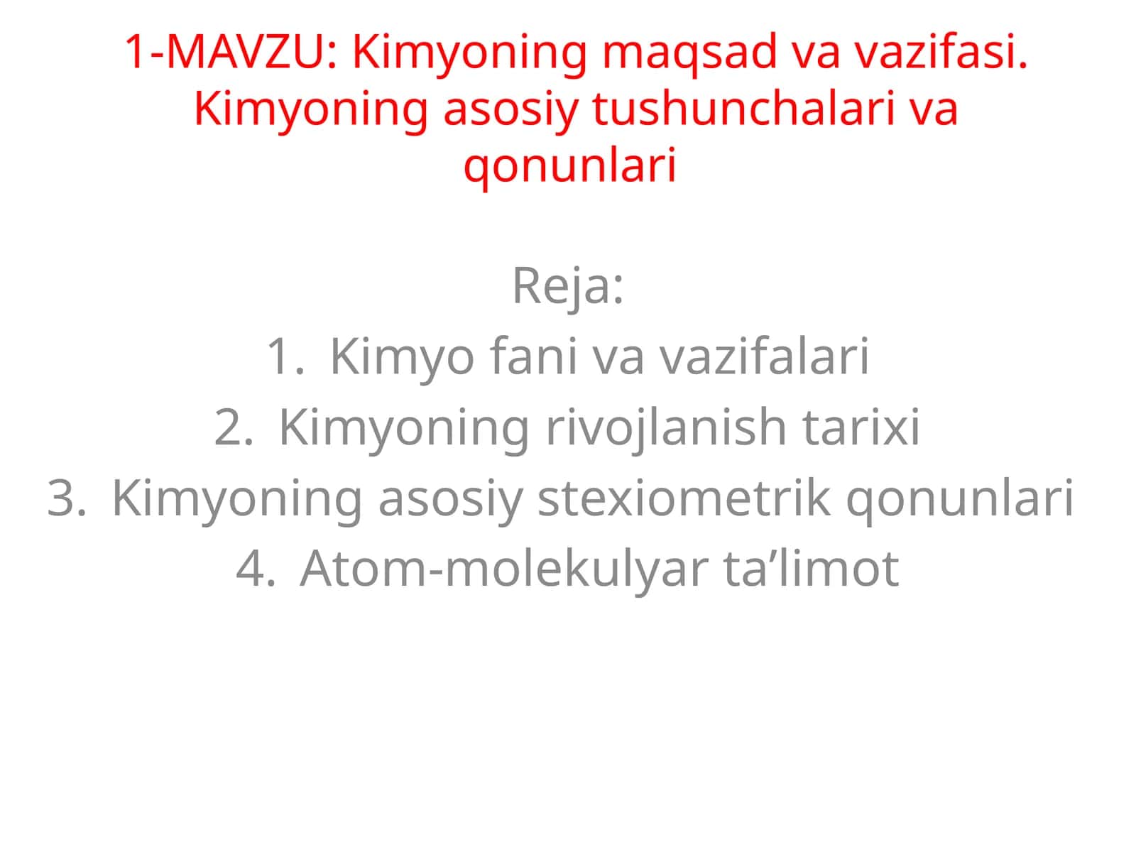 Kimyoning maqsadi va vazifasi. Kimyoning asosiy tushunchalari va qonunlari