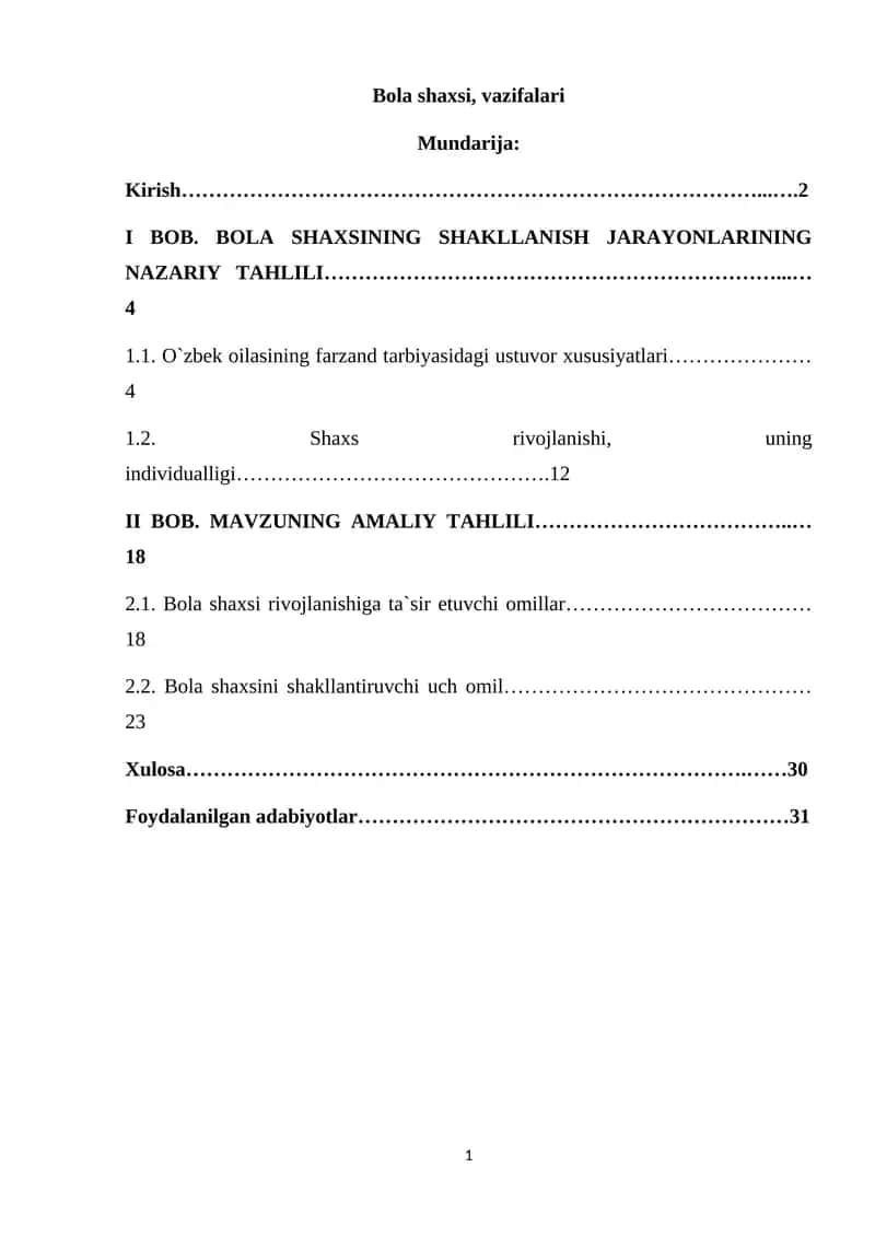 Bola shaxsi, vazifalari