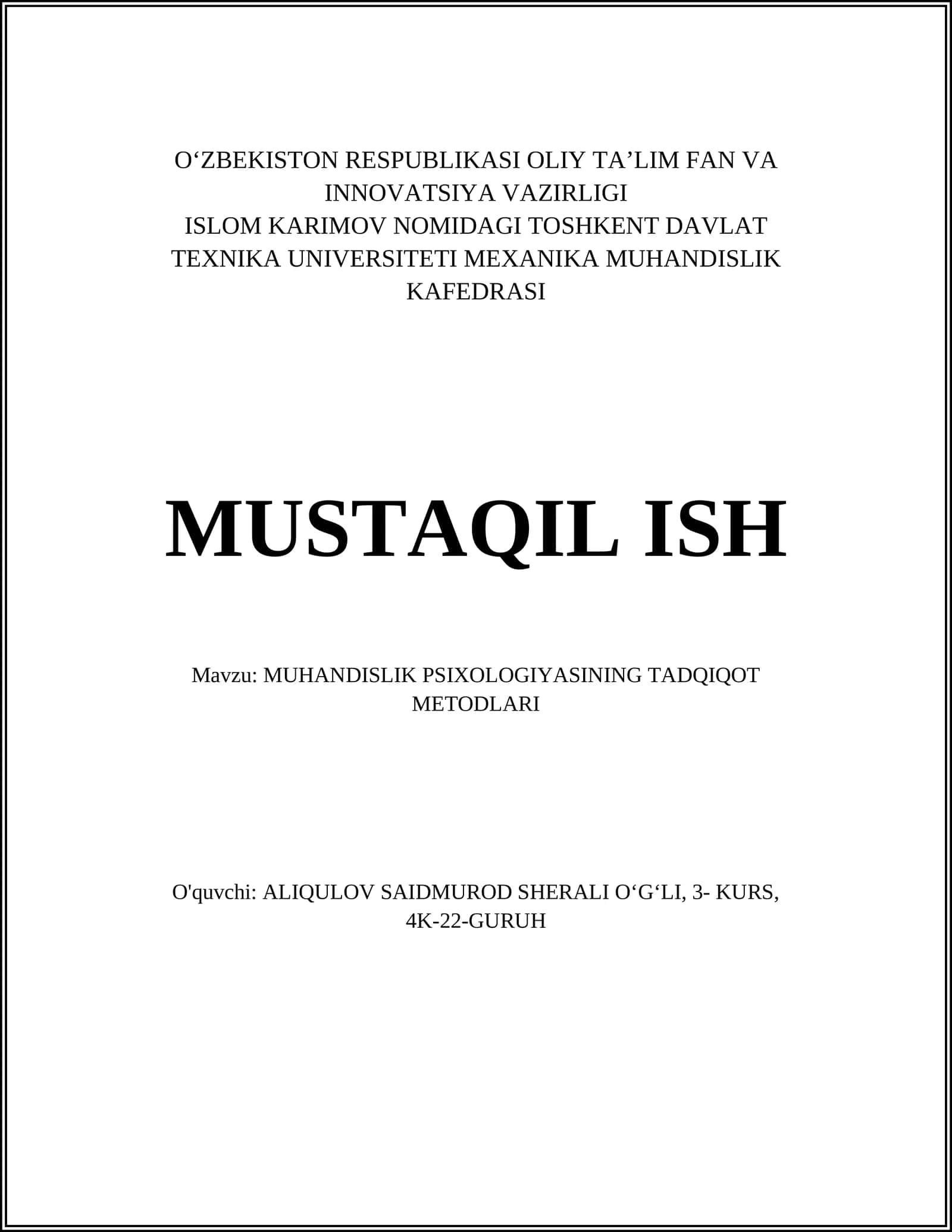 MUHANDISLIK PSIXOLOGIYASINING TADQIQOT METODLARI