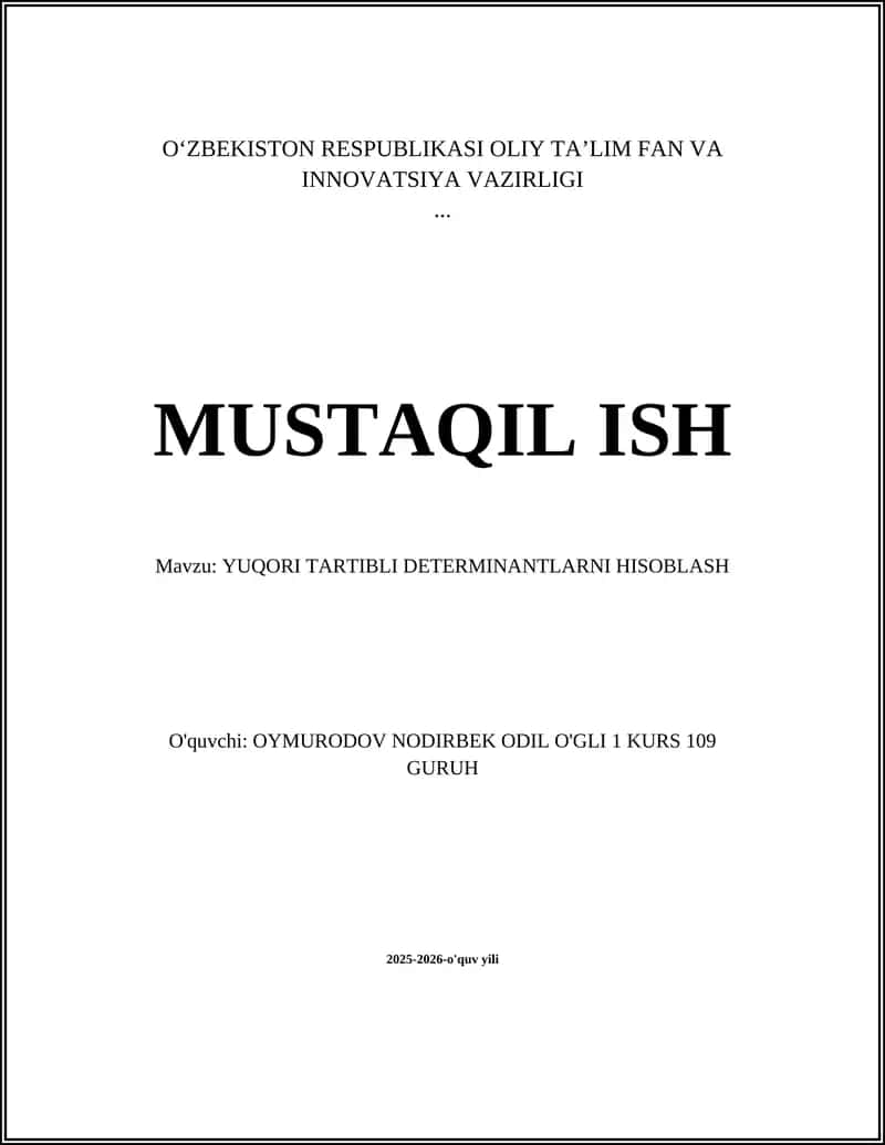 YUQORI TARTIBLI DETERMINANTLARNI HISOBLASH