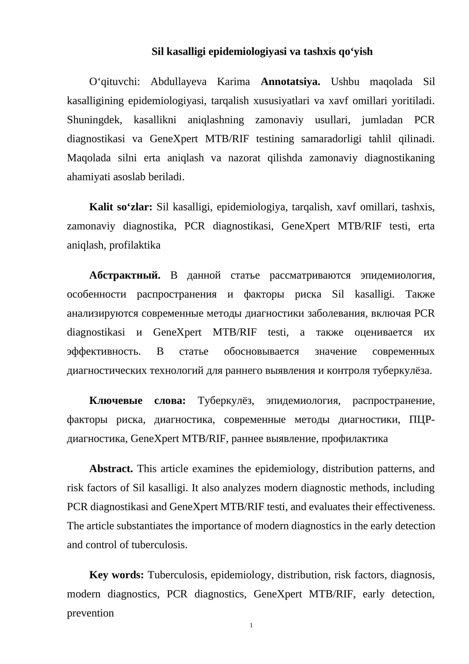 Sil kasalligi epidemiologiyasi va tashxis qoʻyish