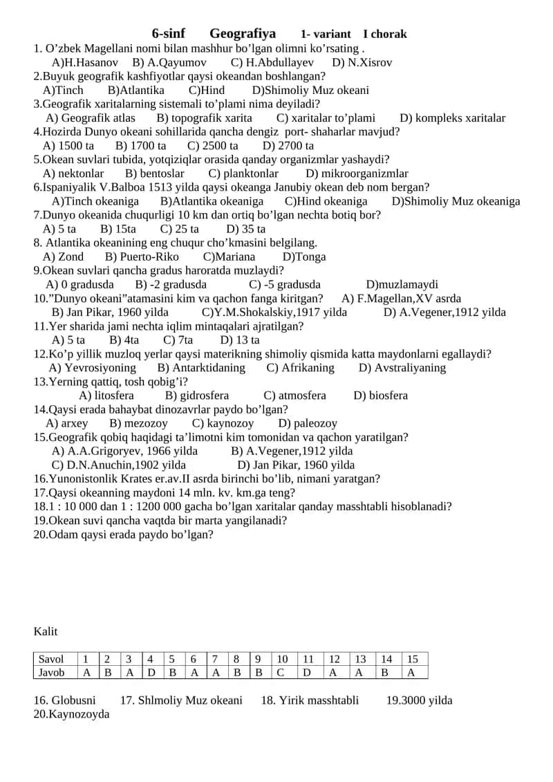 6-sinf Geografiya 1- variant I chorak