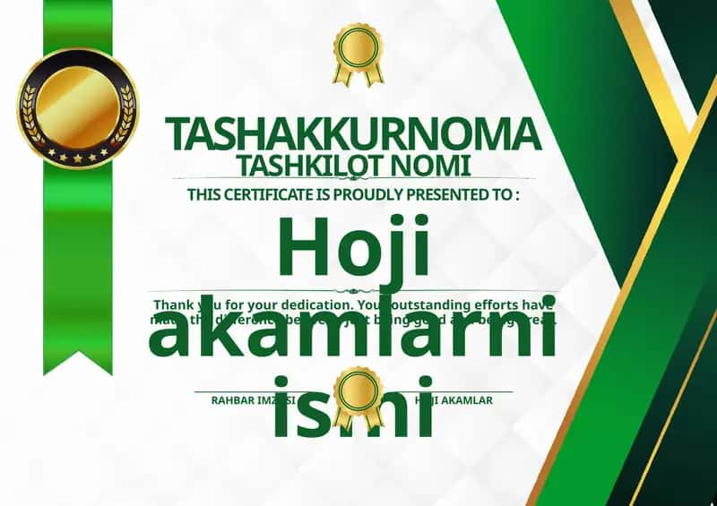 Tashakkurnoma shablon tayyori andoza