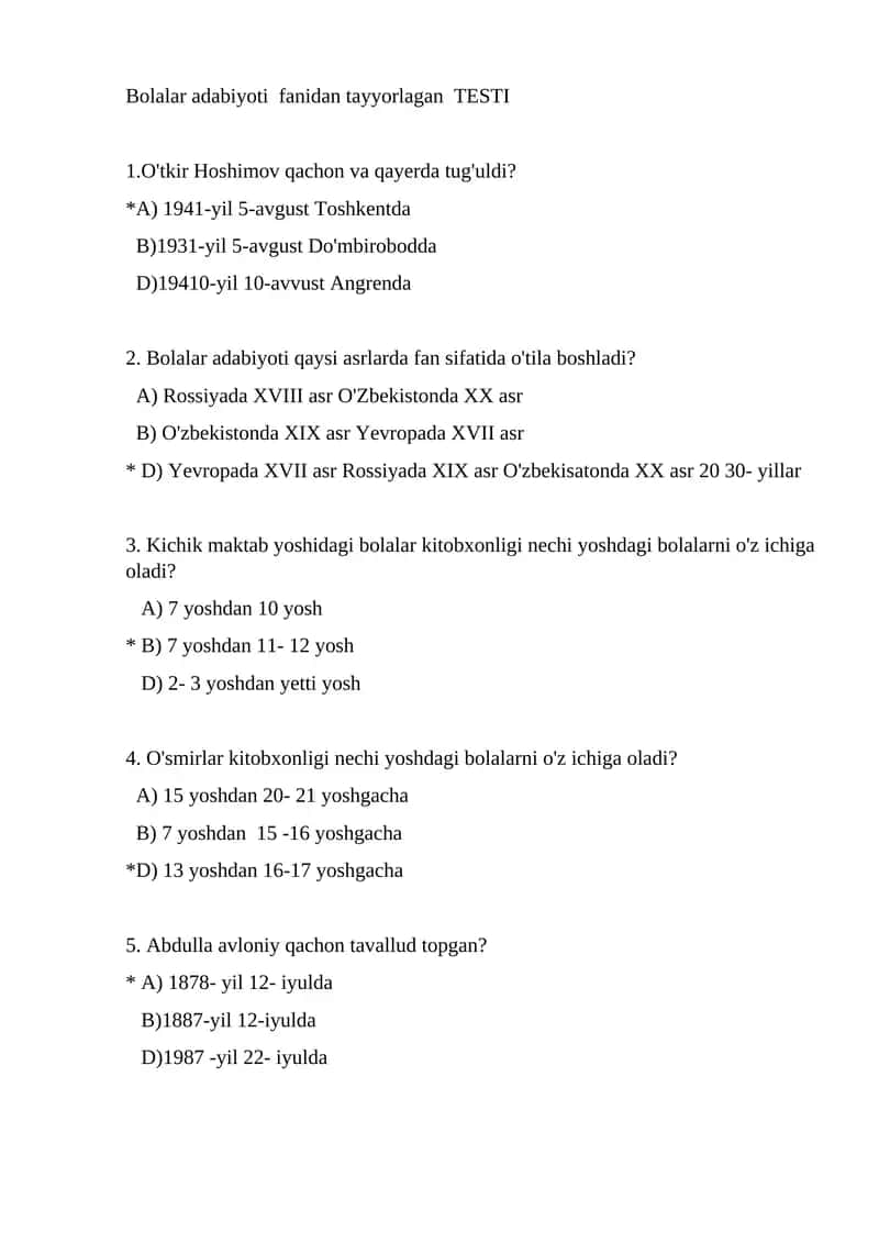 Bolalar adabiyoti fanidan tayyorlagan TESTI
