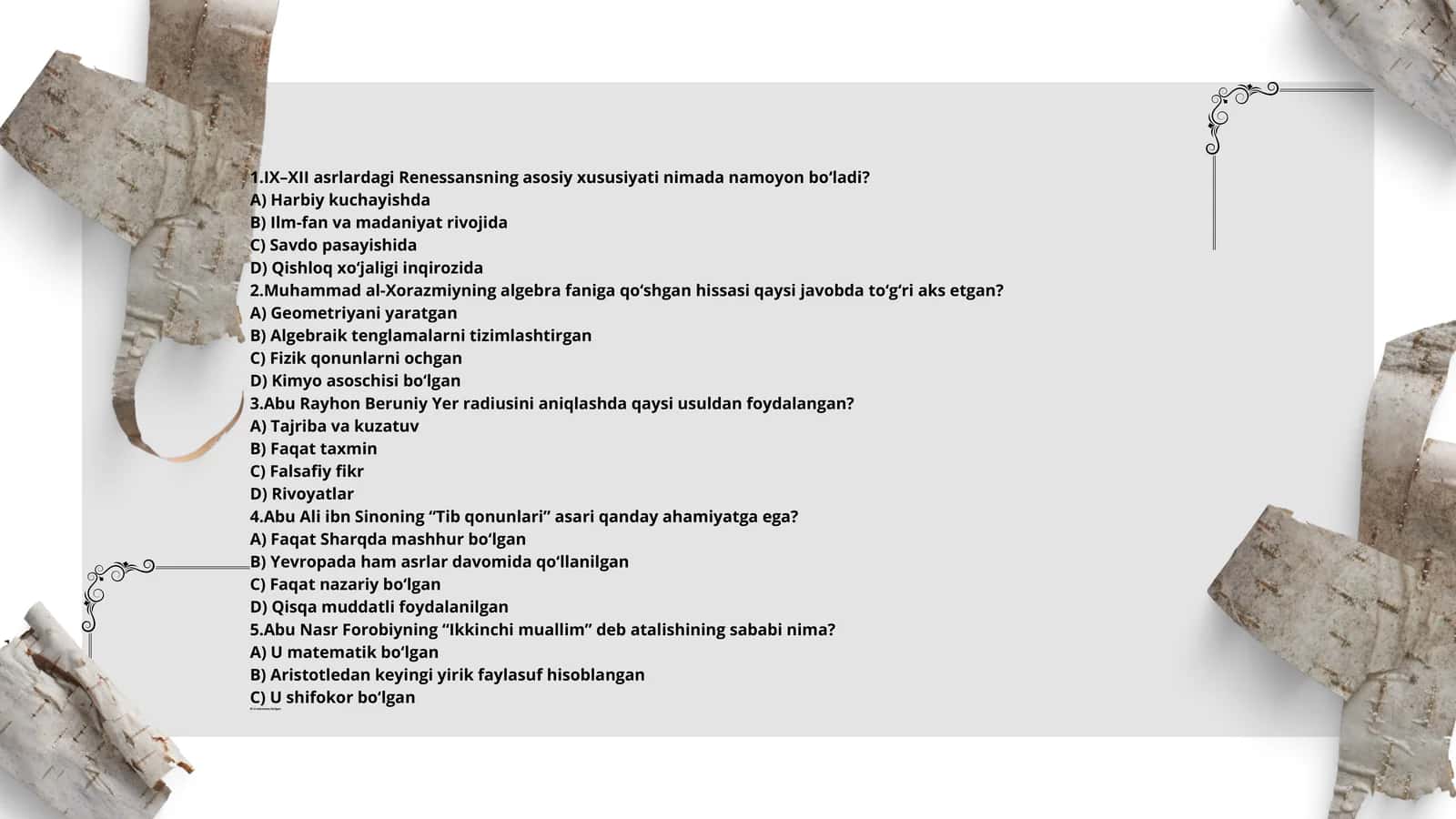 IX–XII asrlardagi Renessansning test
