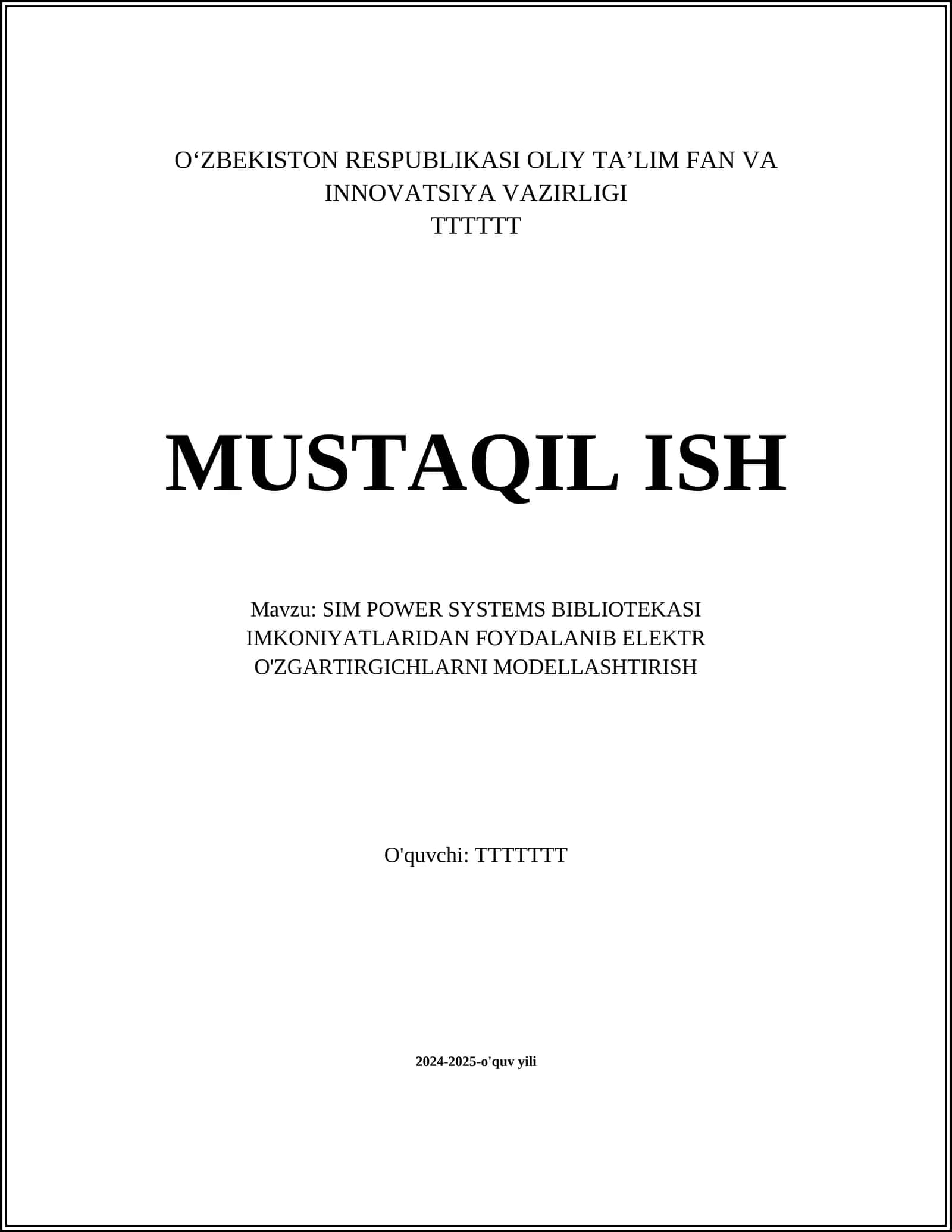 SIM POWER SYSTEMS BIBLIOTEKASI IMKONIYATLARIDAN FOYDALANIB ELEKTR O'ZGARTIRGICHLARNI MODELLASHTIRISH