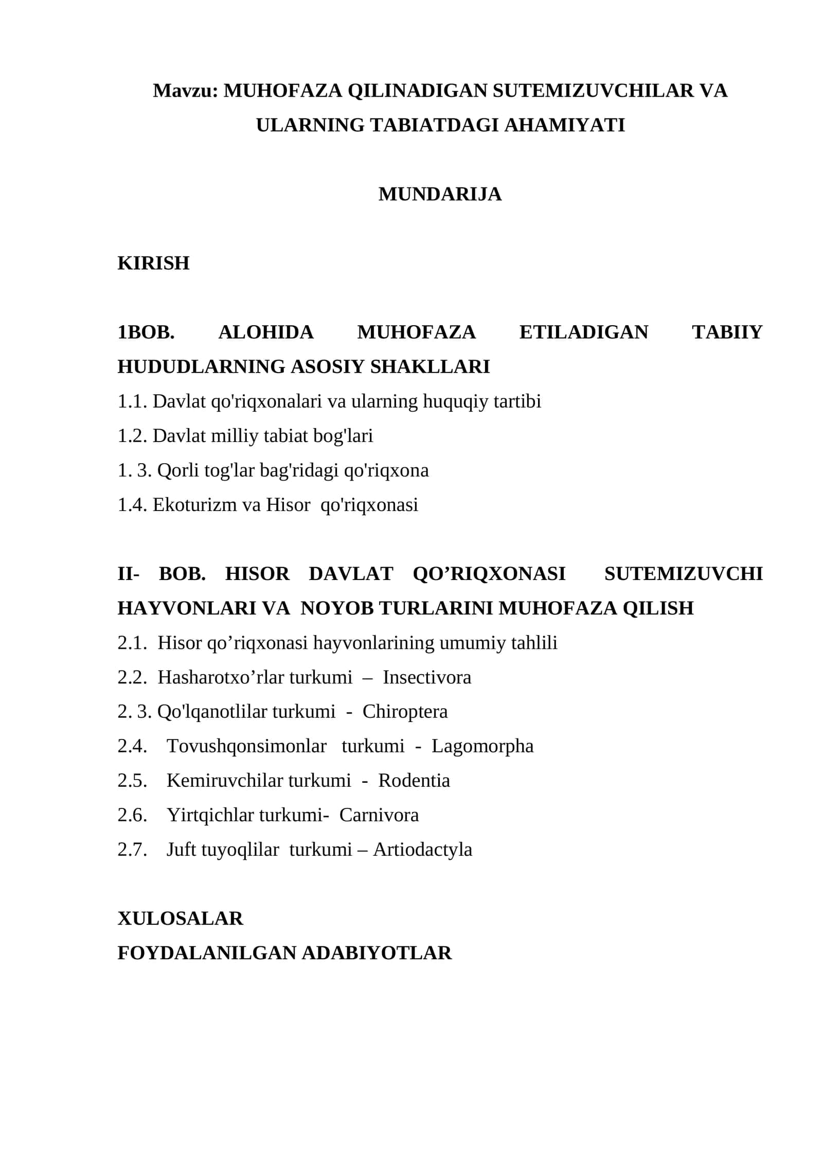 MUHOFAZA QILINADIGAN SUTEMIZUVCHILAR VA ULARNING TABIATDAGI AHAMIYATI