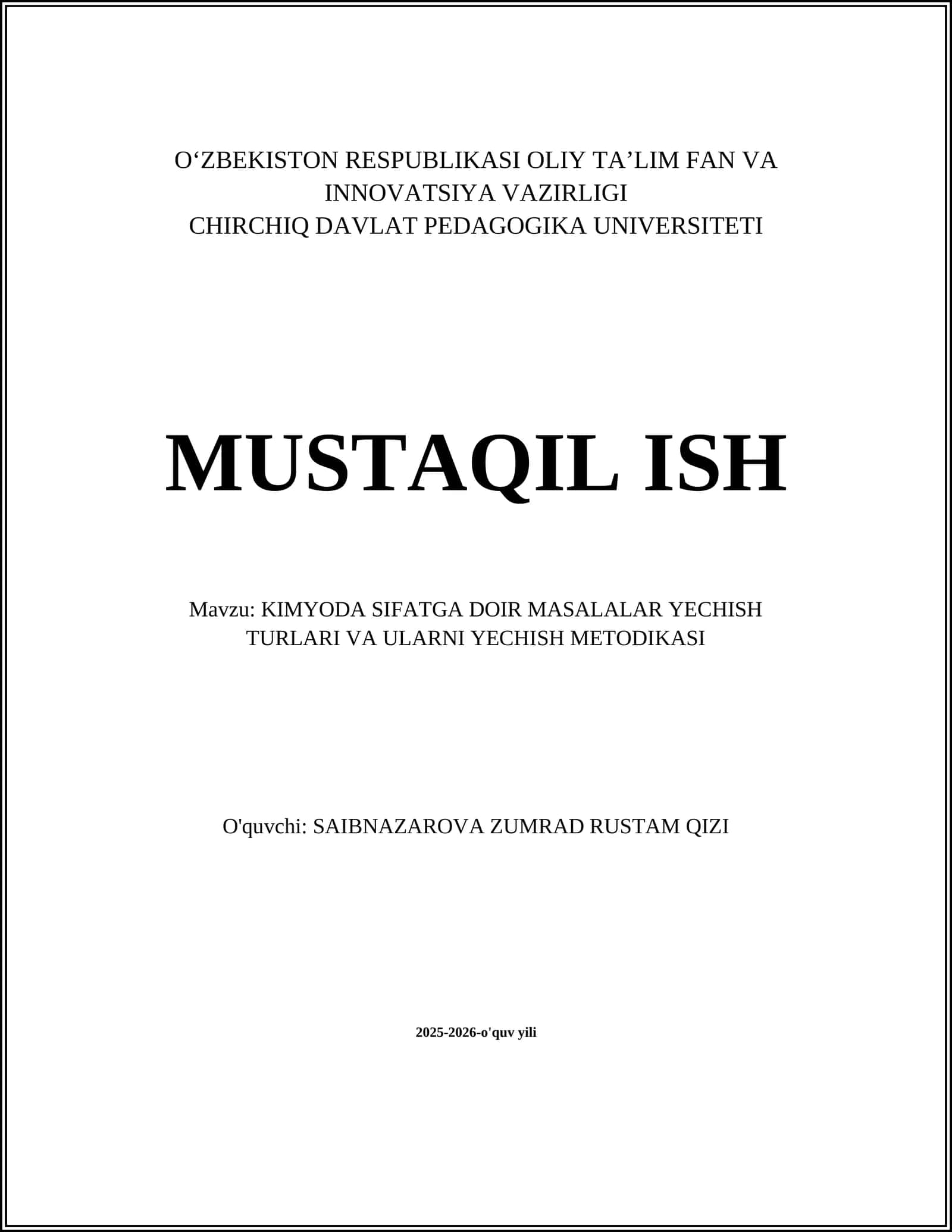 KIMYODA SIFATGA DOIR MASALALAR YECHISH TURLARI VA ULARNI YECHISH METODIKASI
