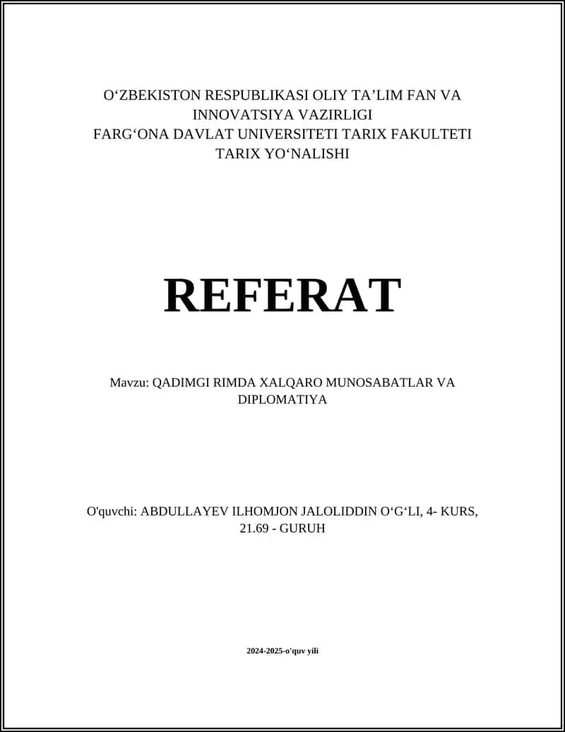 QADIMGI RIMDA XALQARO MUNOSABATLAR VA DIPLOMATIYA