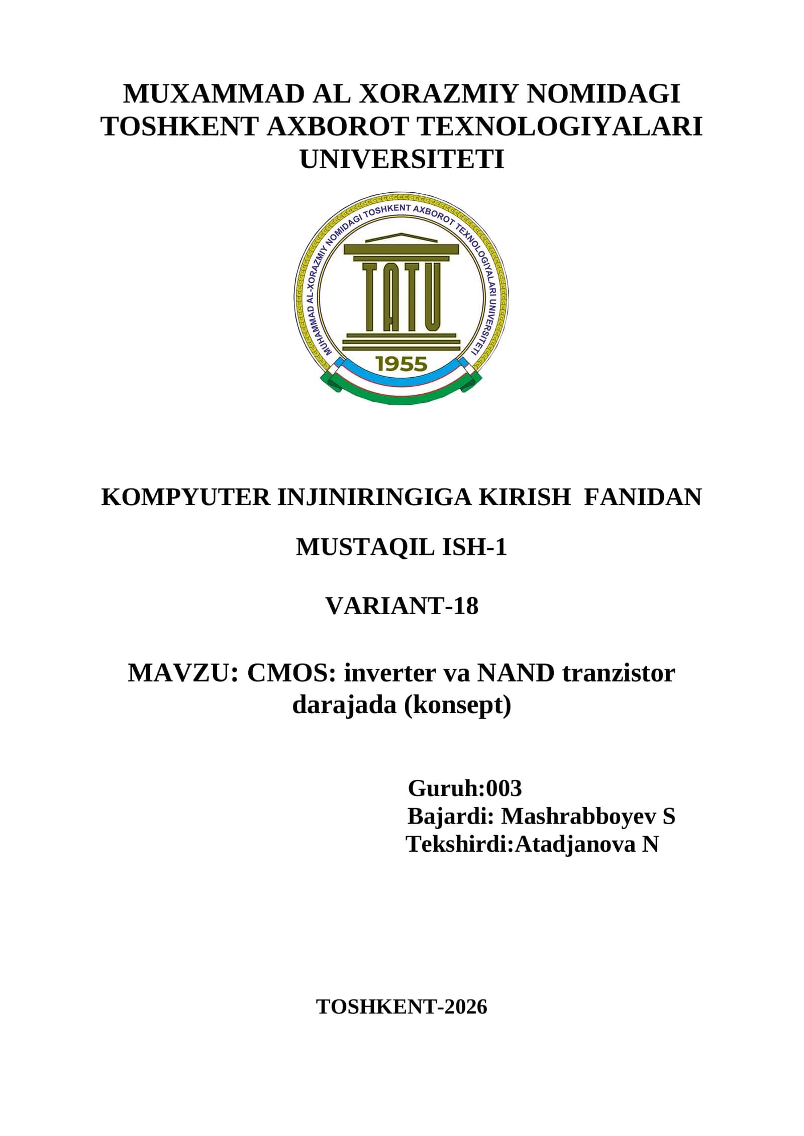 CMOS: inverter va NAND tranzistor darajada (konsept)