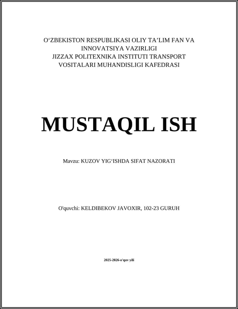 KUZOV YIG‘ISHDA SIFAT NAZORATI