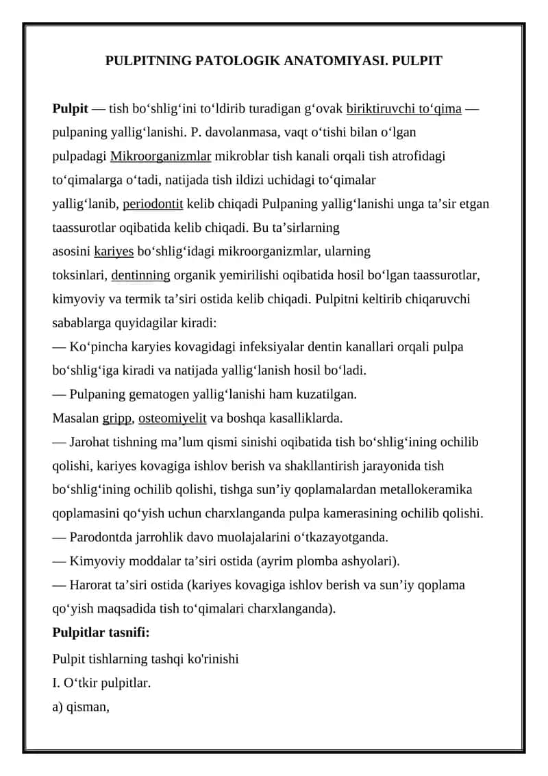 PULPITNING PATOLOGIK ANATOMIYASI