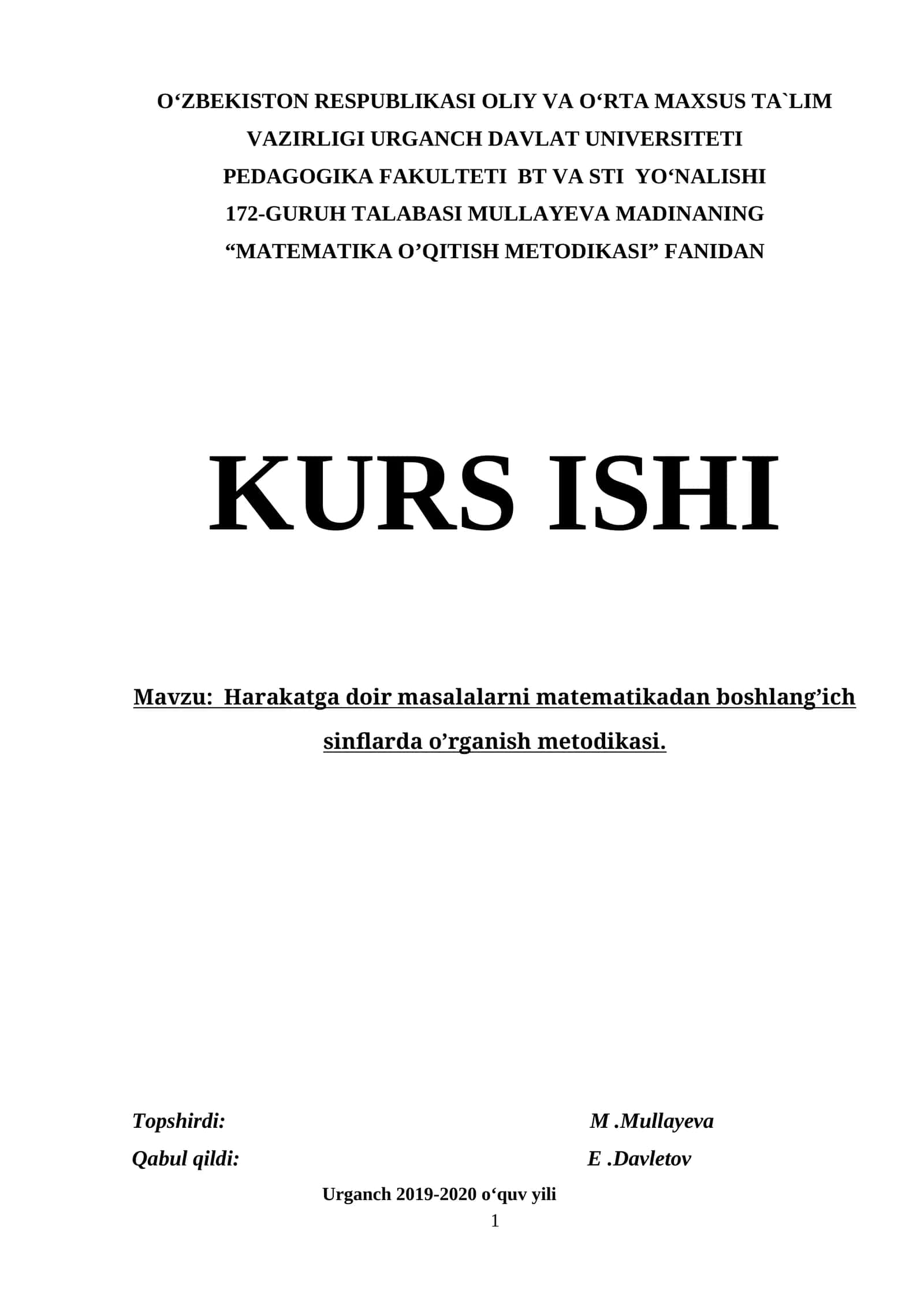 Harakatga doir masalalarni matematikadan boshlang’ich sinflarda o’rganish metodikasi