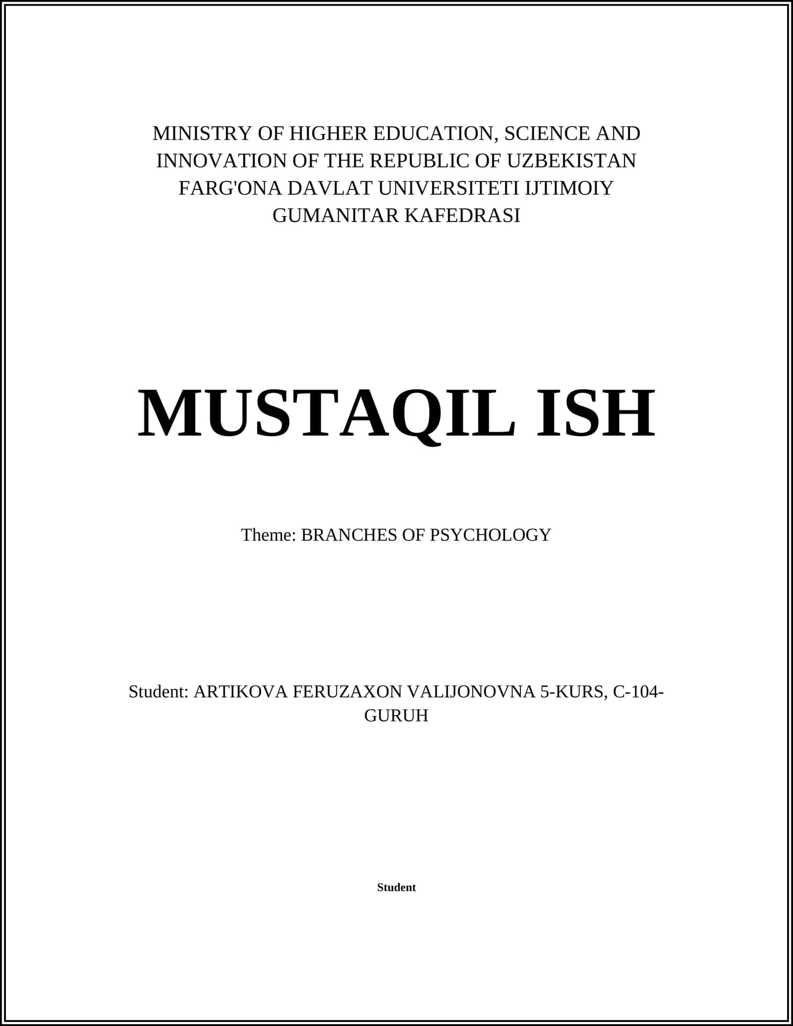 MUSTAQIL ISH: BRANCHES OF PSYCHOLOGY