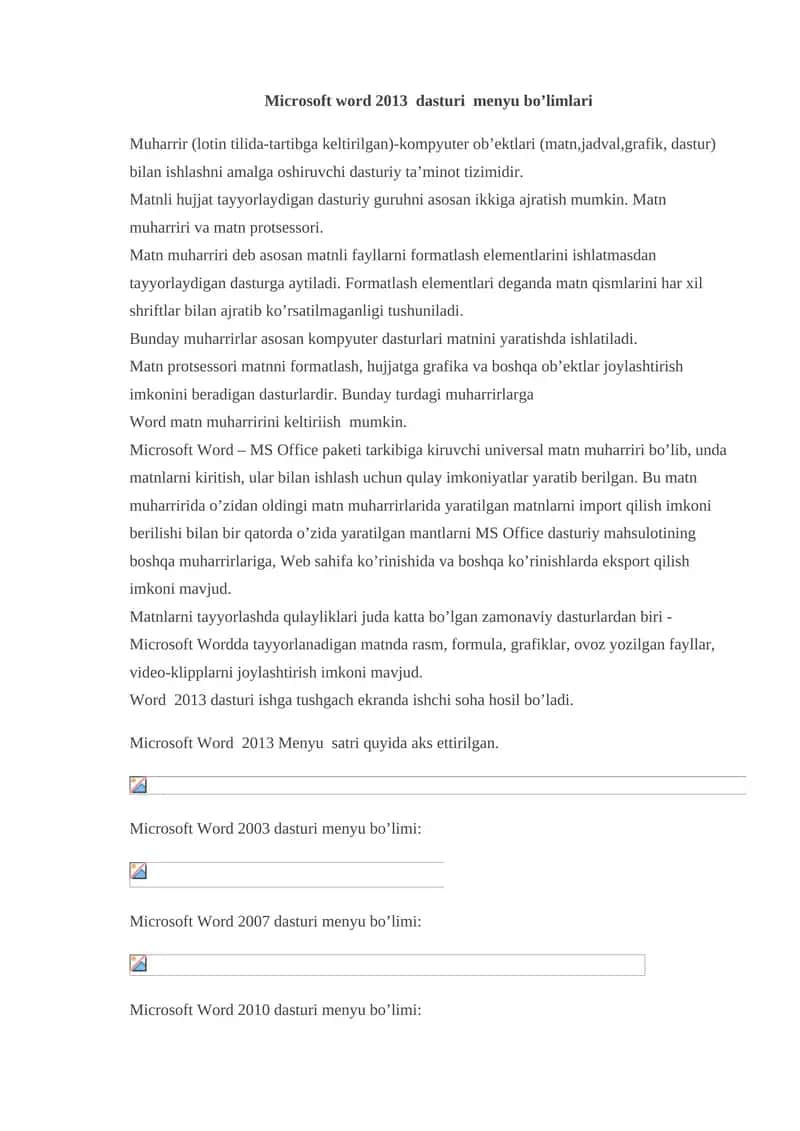 Microsoft Word 2013 dasturi menyu bo’limlari