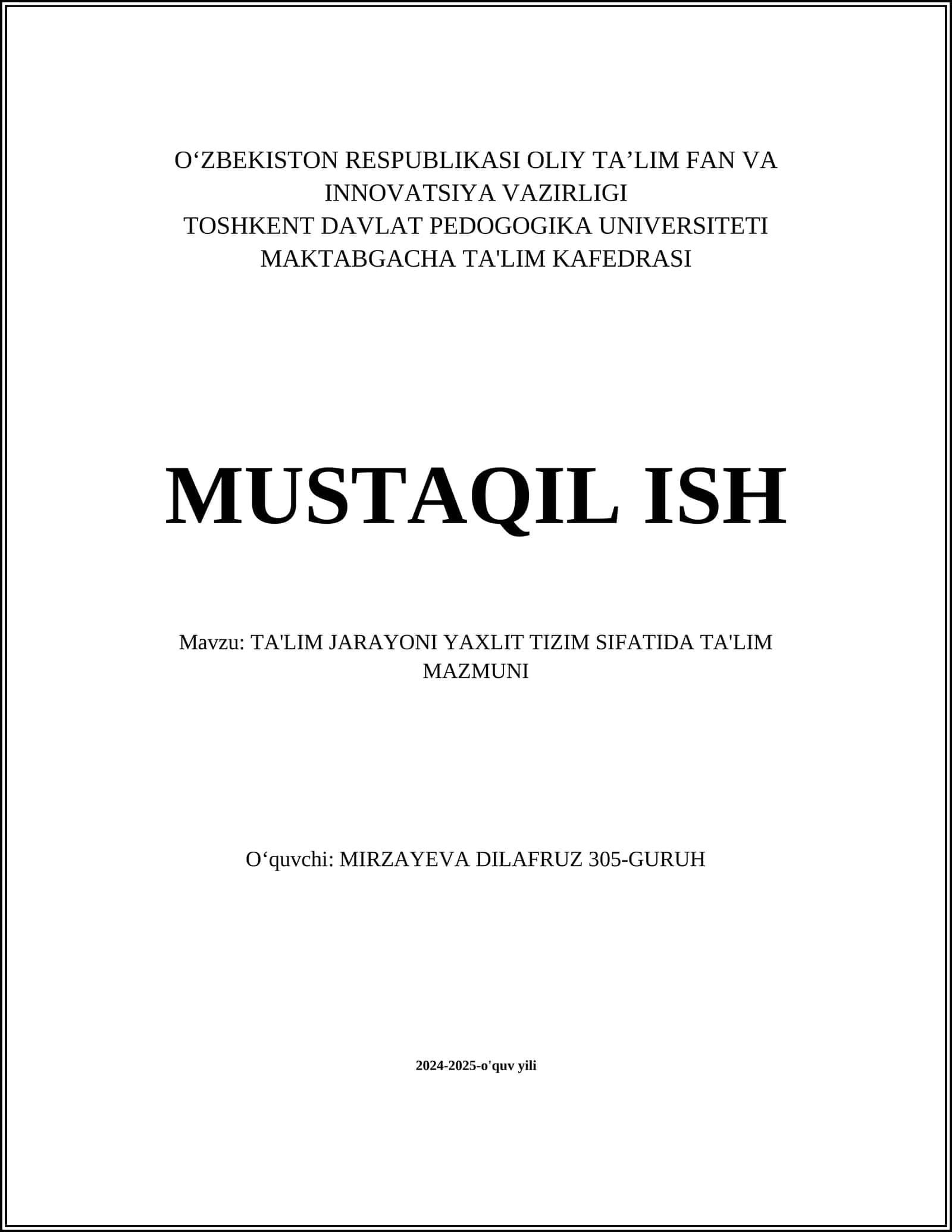 TA'LIM JARAYONI YAXLIT TIZIM SIFATIDA TA'LIM MAZMUNI