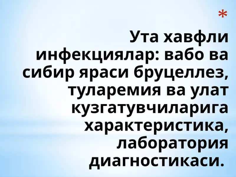 Ута хавфли инфекциялар: вабо ва сибир яраси бруцеллез, туларемия ва улат кузгатувчиларига характеристика, лаборатория диагностикаси