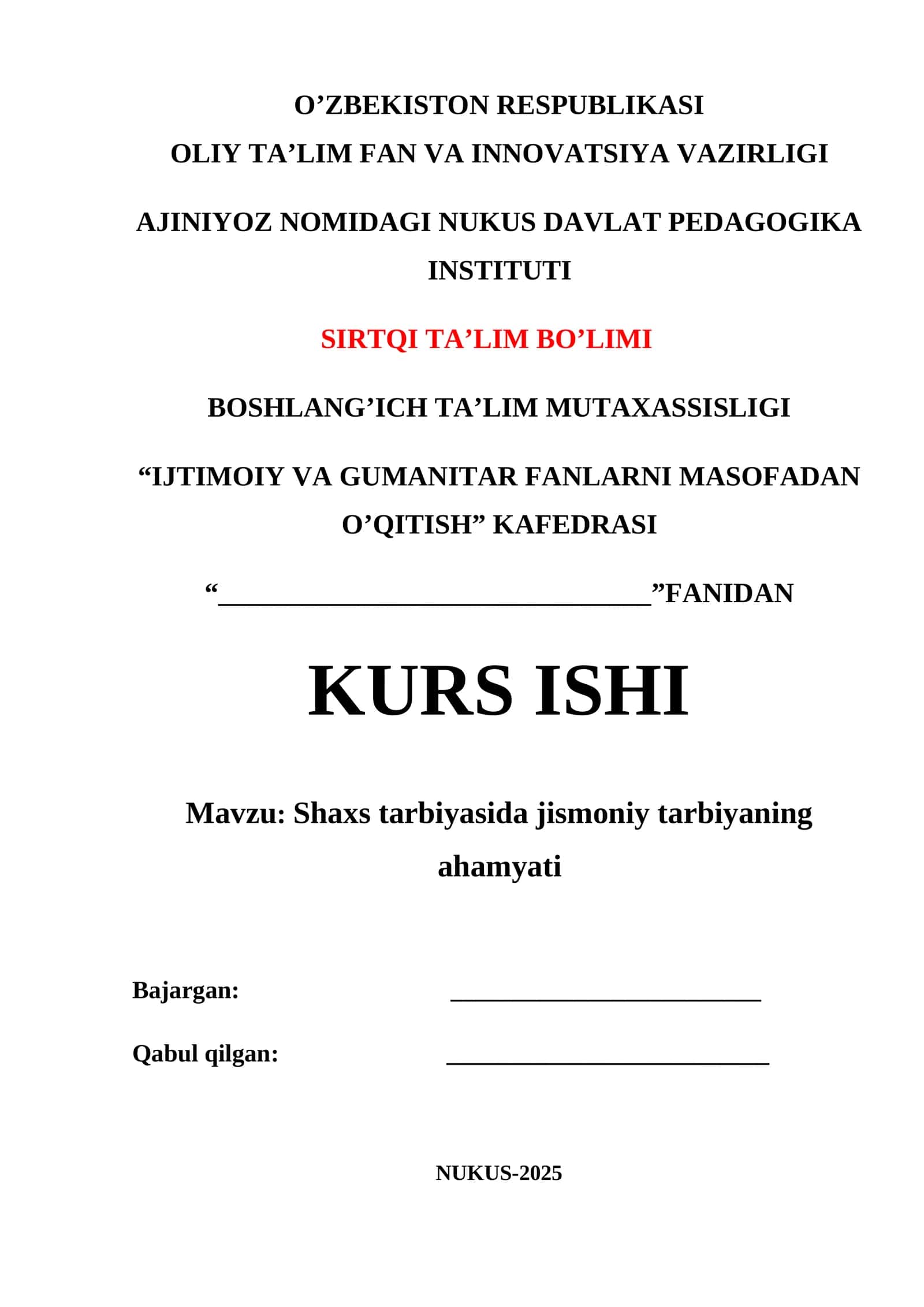 Shaxs tarbiyasida jismoniy tarbiyaning ahamyati