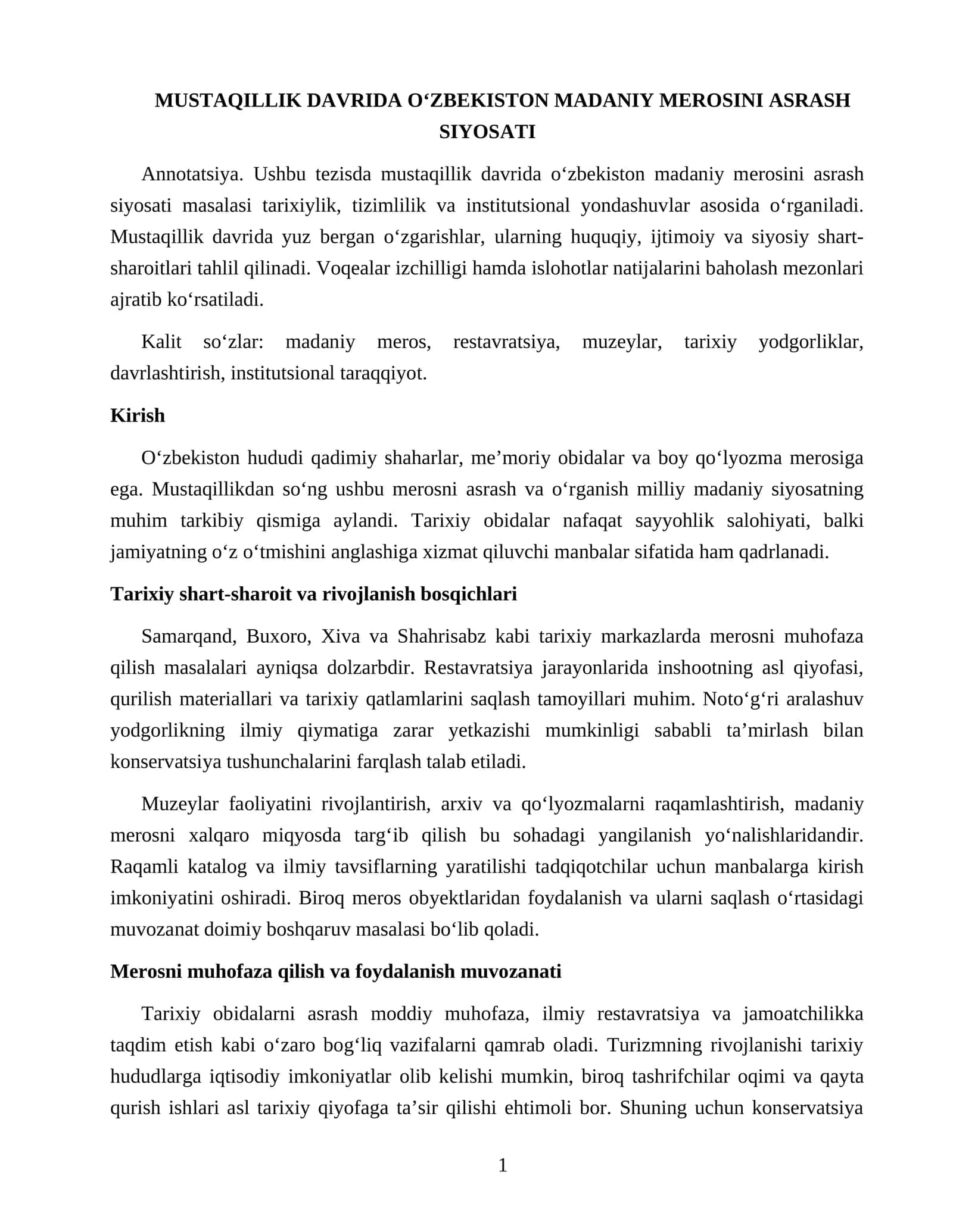 MUSTAQILLIK DAVRIDA O‘ZBEKISTON MADANIY MEROSINI ASRASH SIYOSATI