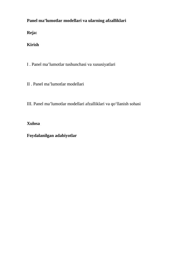 Panel ma’lumotlar modellari va ularning afzalliklari