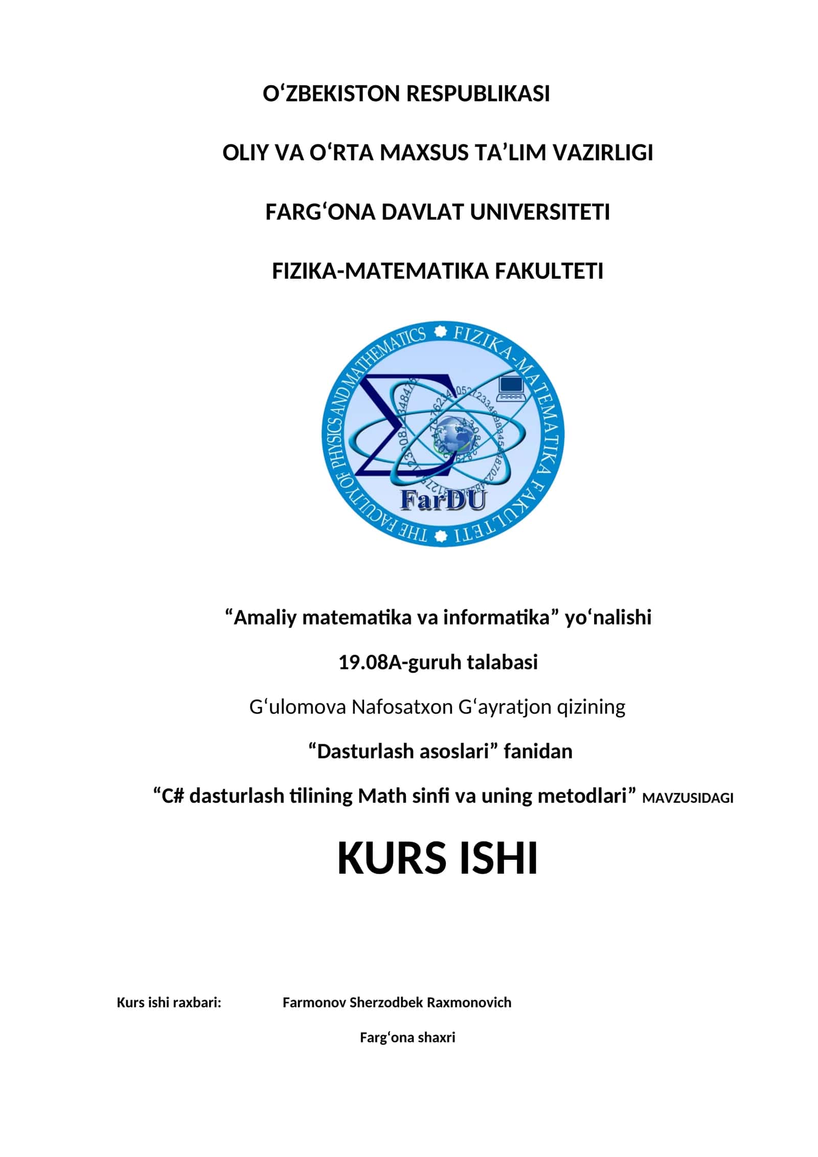 “C# dasturlash tilining Math sinfi va uning metodlari” MAVZUSIDAGI KURS ISHI