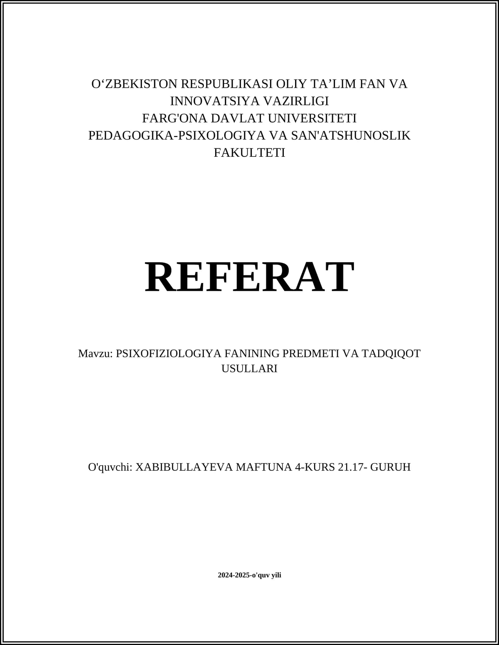 PSIXOFIZIOLOGIYA FANINING PREDMETI VA TADQIQOT USULLARI